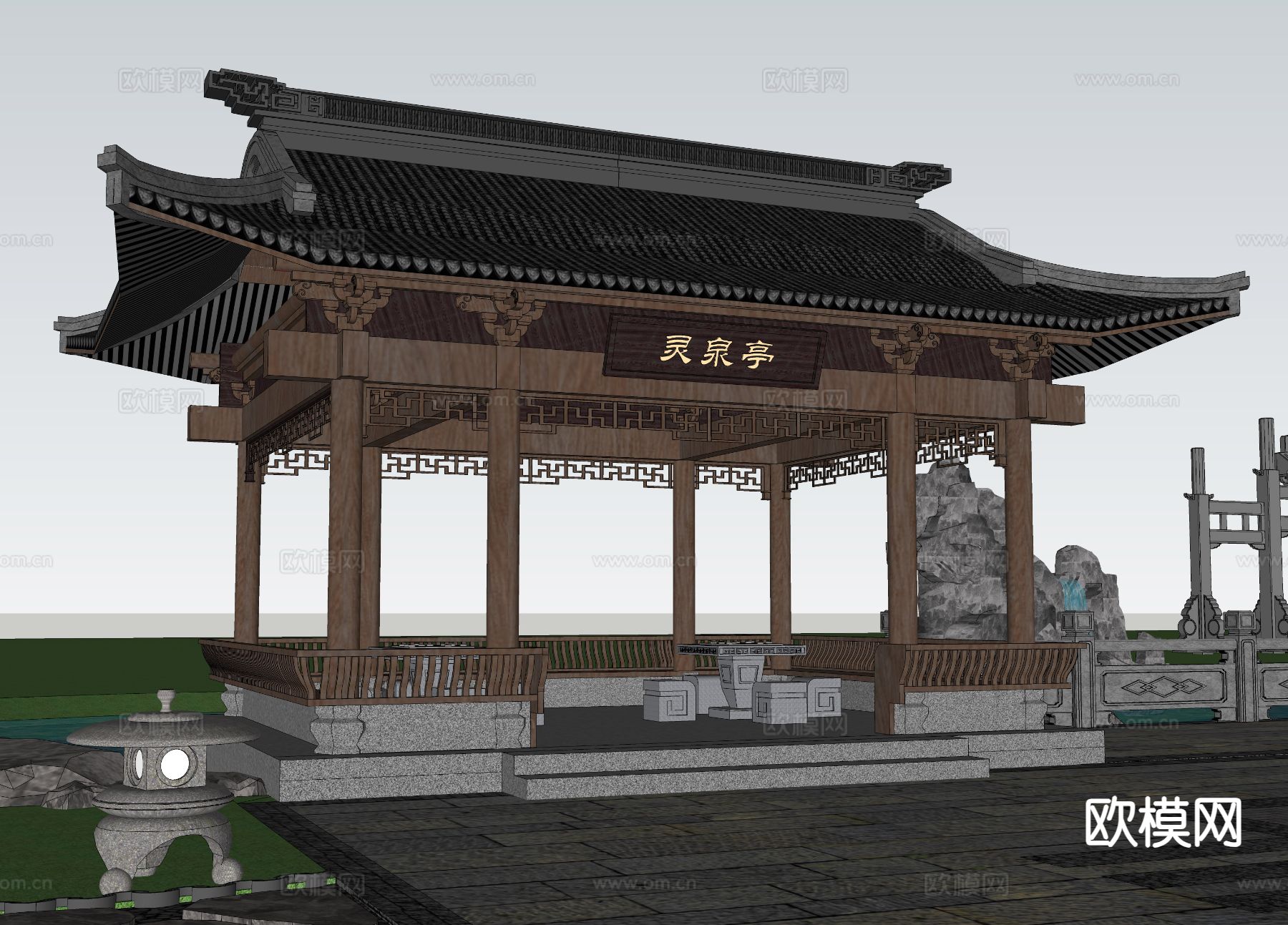 中式亭子 景观亭 园林凉亭su模型下载（渲染图1）