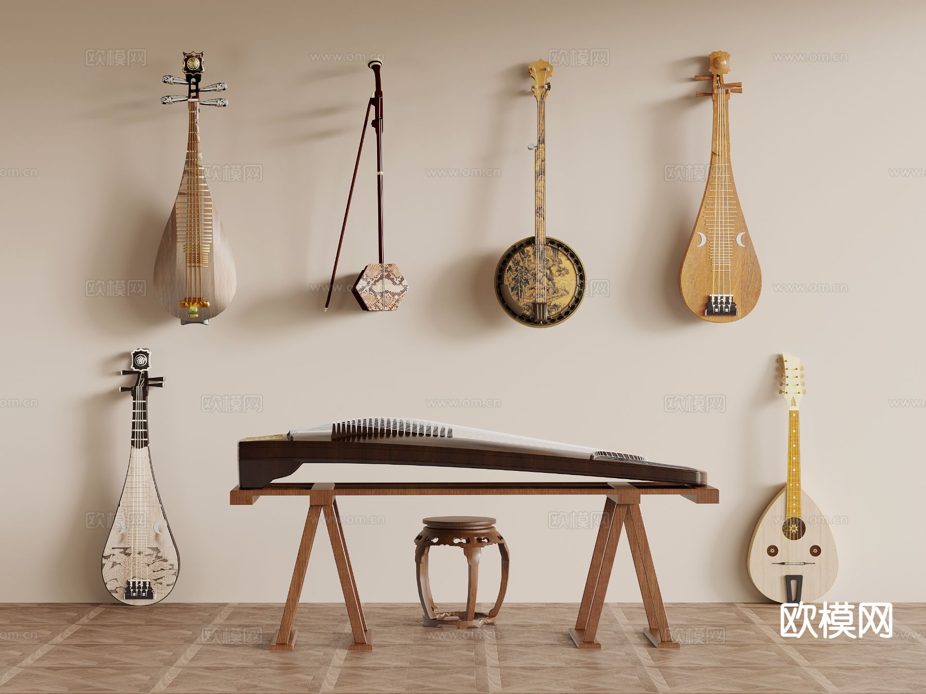 中式传统乐器 古筝 古琴su模型下载（渲染图2）
