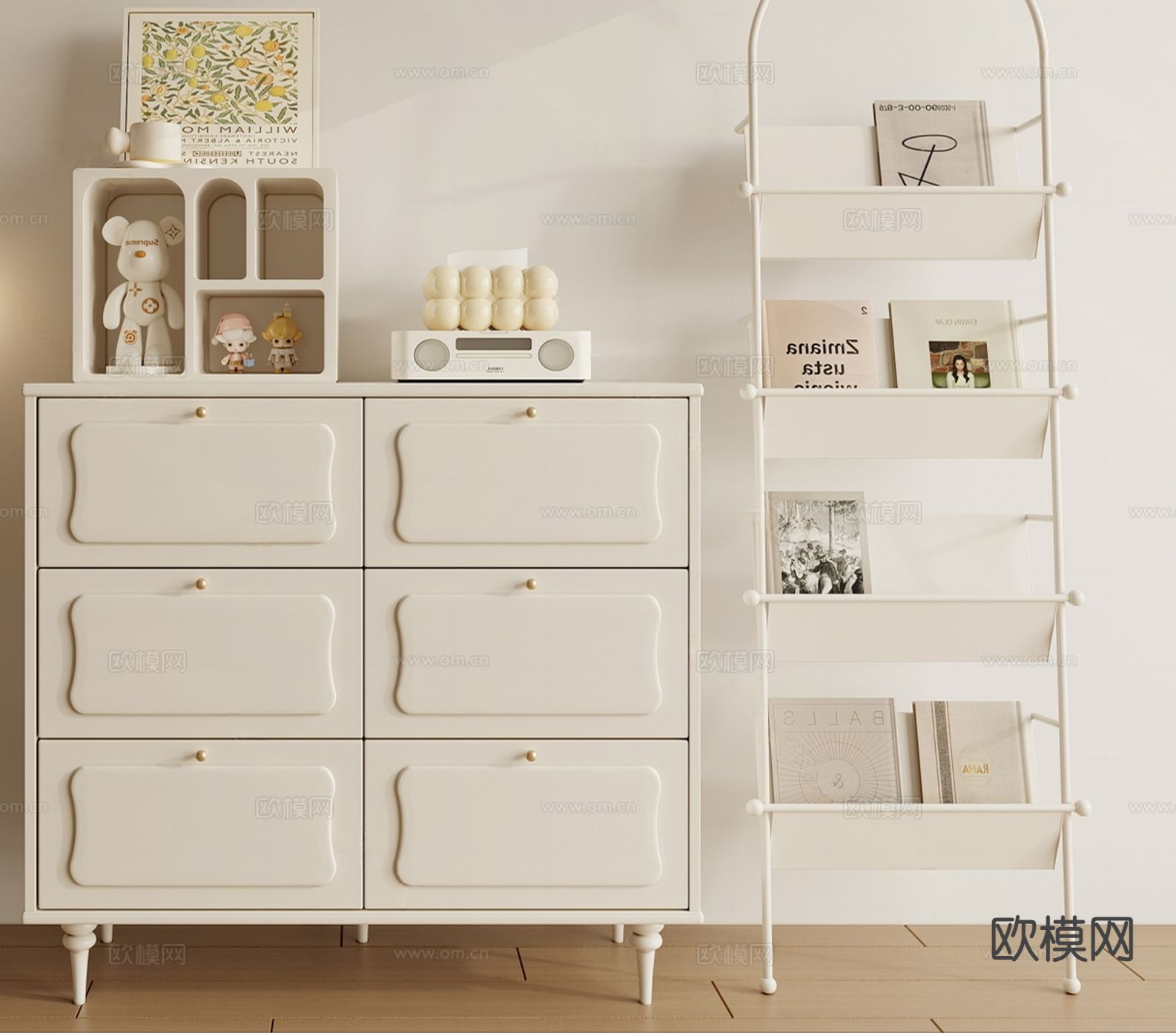 奶油风斗柜 书刊架su模型下载（渲染图2）