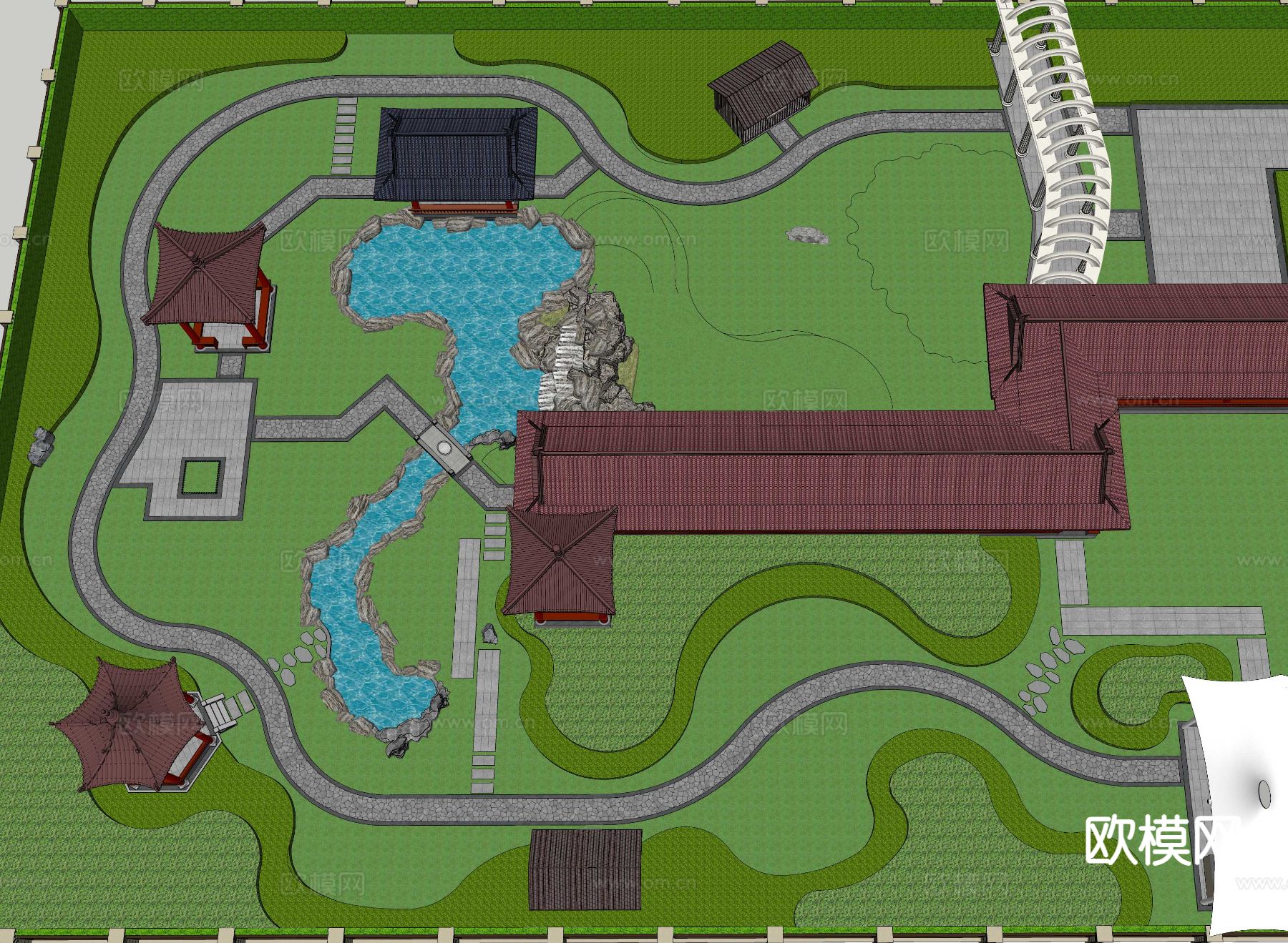 中式庭院 古典园林 别墅院落su模型下载（渲染图1）