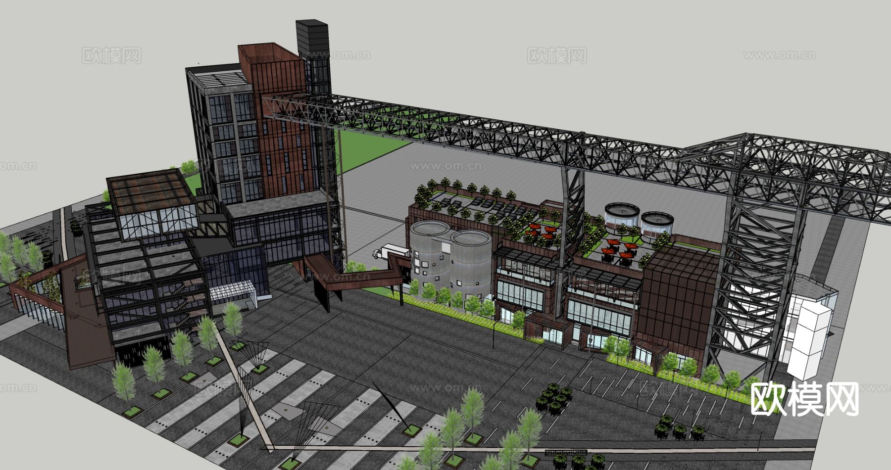 废弃工厂遗址 厂房仓库su模型下载（渲染图1）