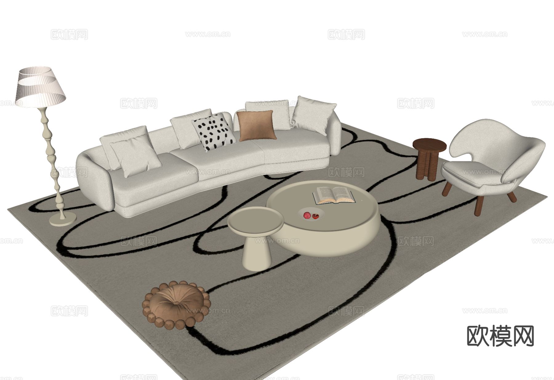 奶油风组合沙发su模型下载（渲染图1）