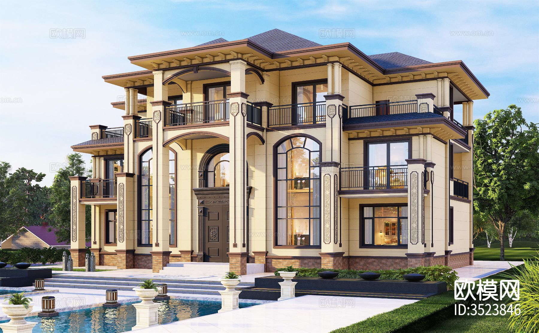 欧式三层大开间别墅cad平面图下载（渲染图1）