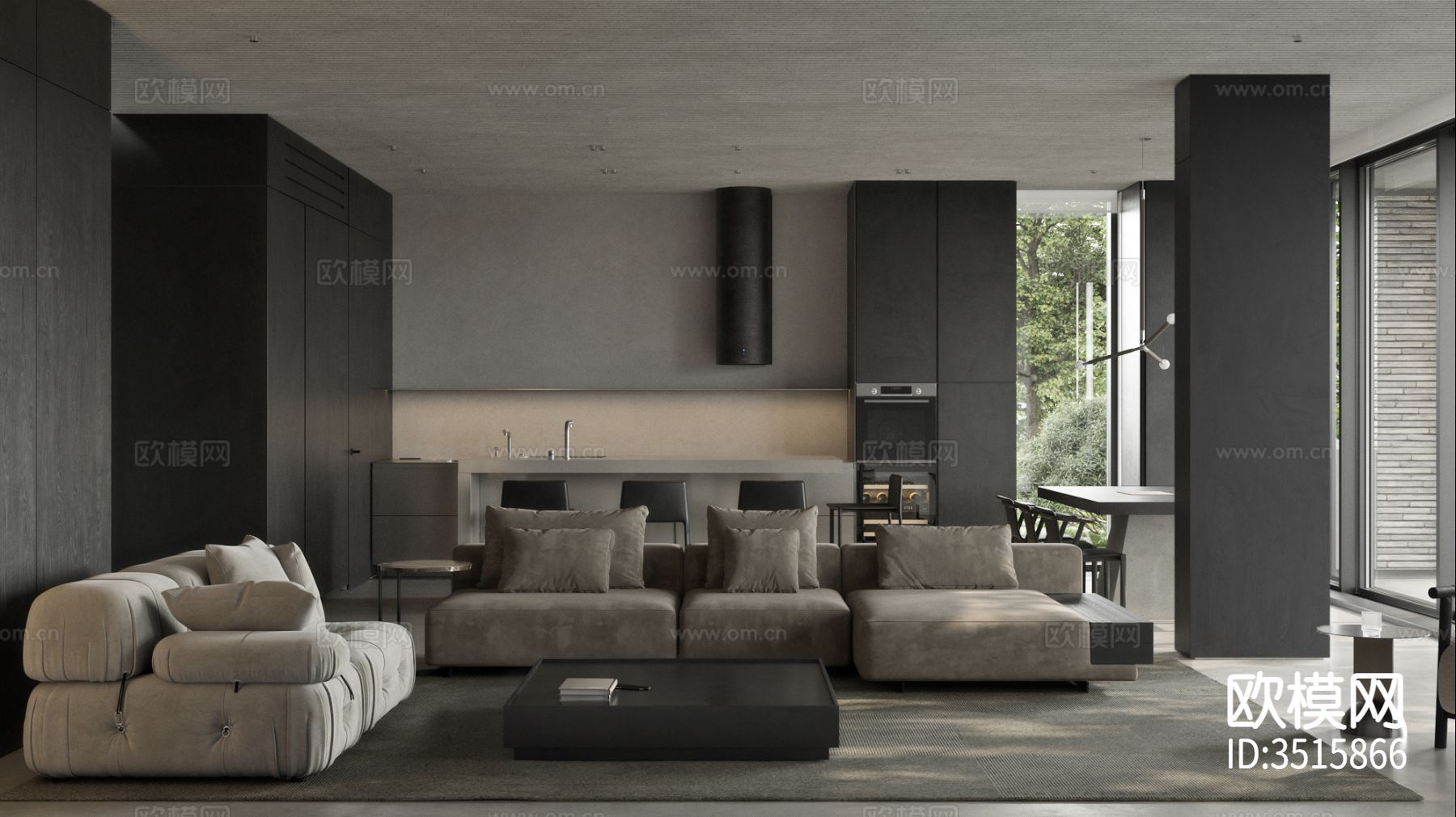 现代平层客餐厅装修效果图下载（渲染图1）