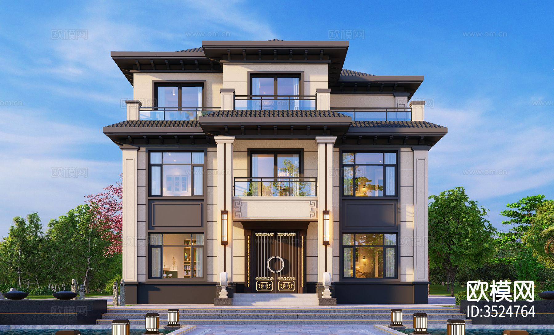 新中式三层别墅建筑施工图效果图CAD图纸下载（渲染图8）