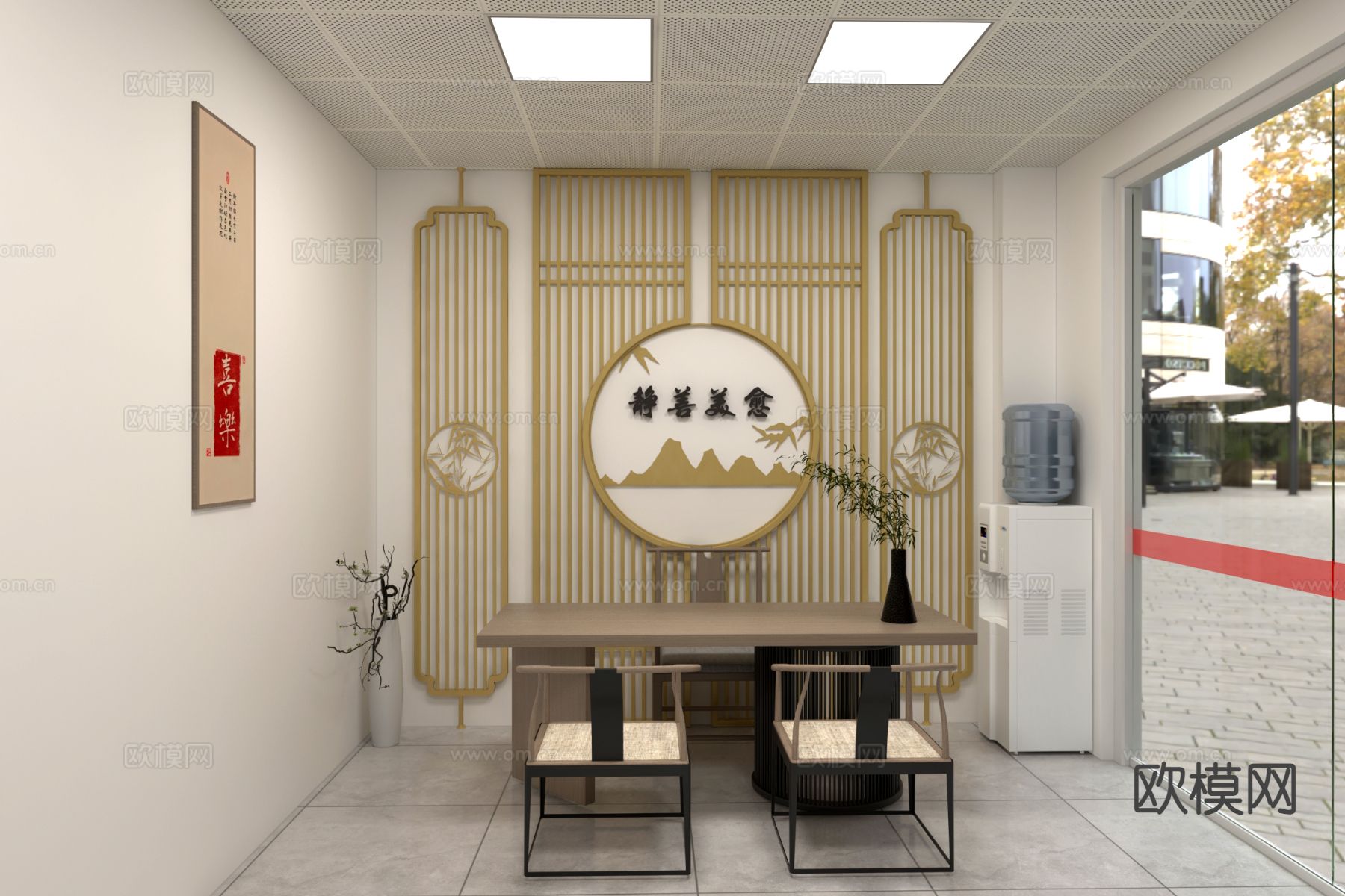 新中式休闲室su模型下载（渲染图2）