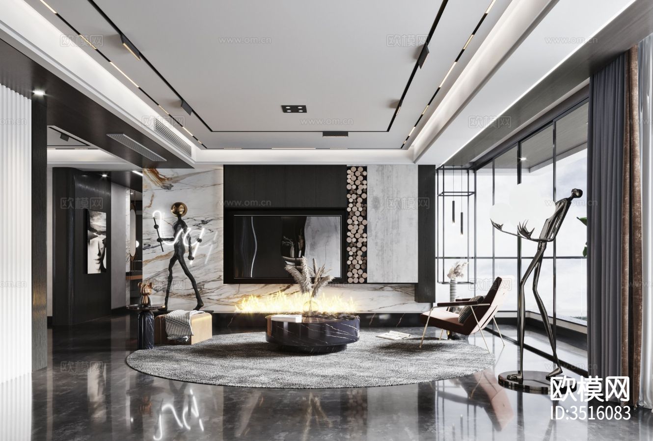 现代平层客餐厅装修效果图下载（渲染图3）