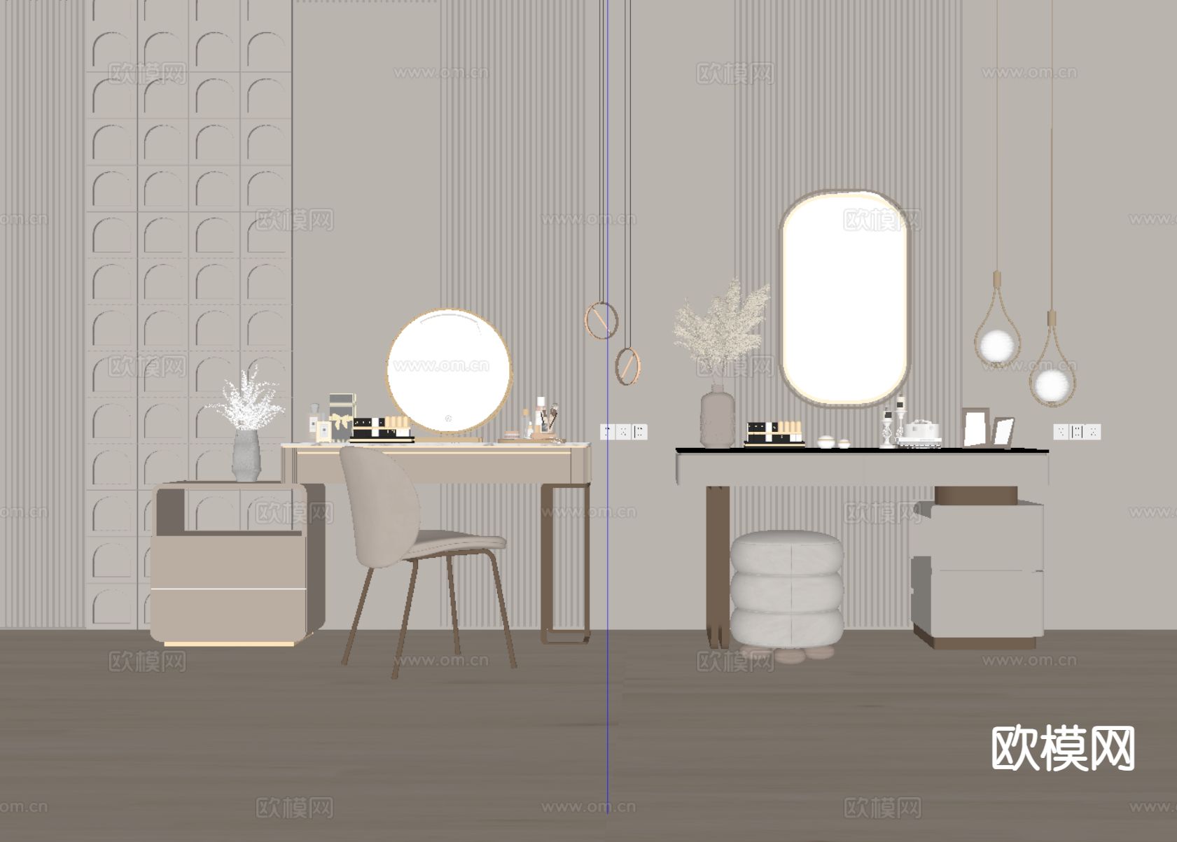 奶油风梳妆台su模型下载（渲染图1）