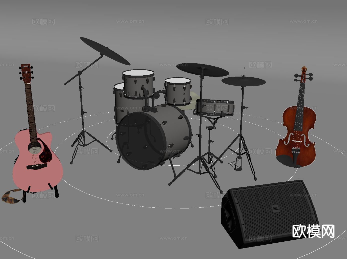 乐器 架子鼓 吉他 小提琴 音响su模型下载（渲染图1）