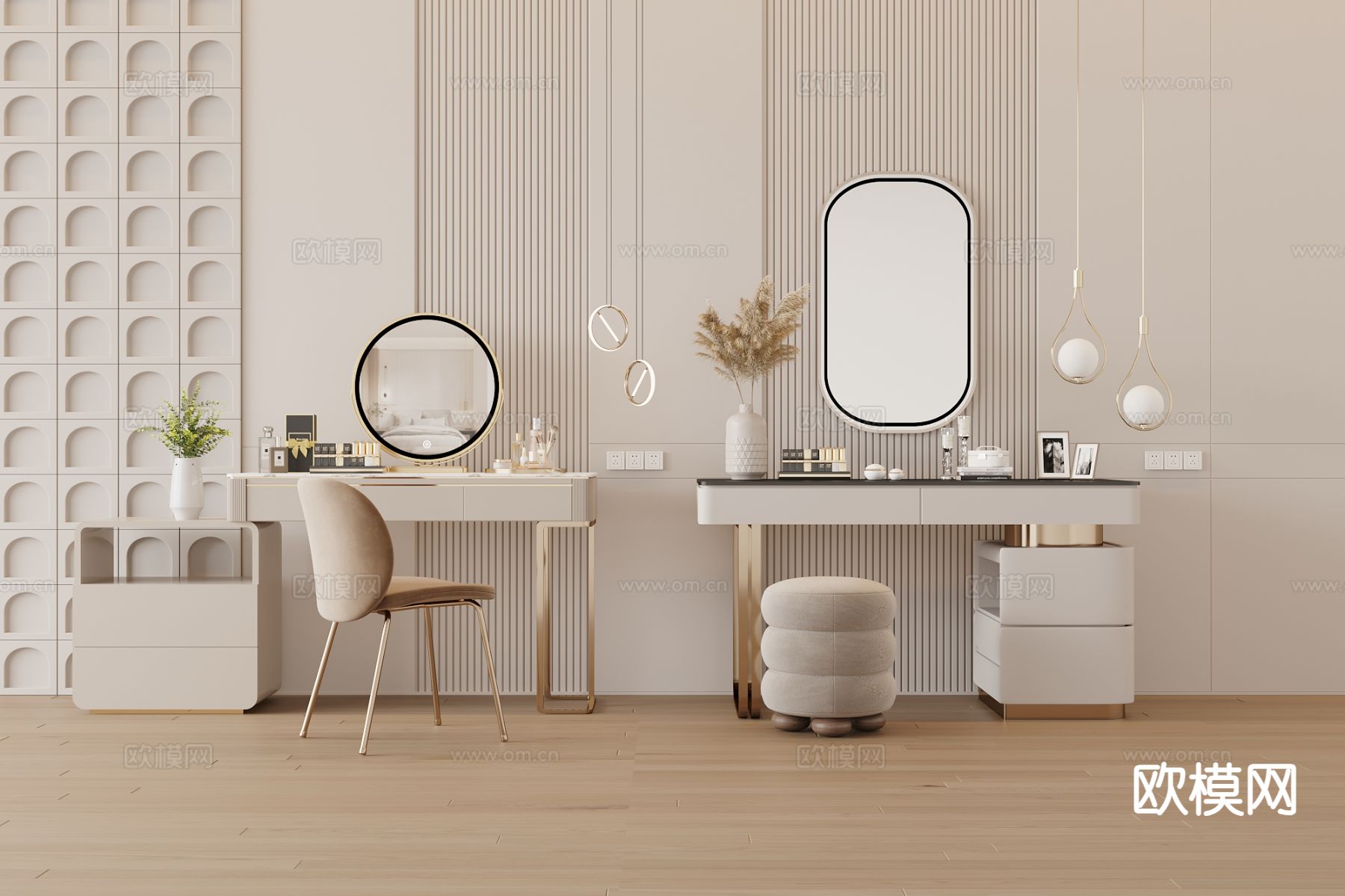 奶油风梳妆台su模型下载（渲染图2）