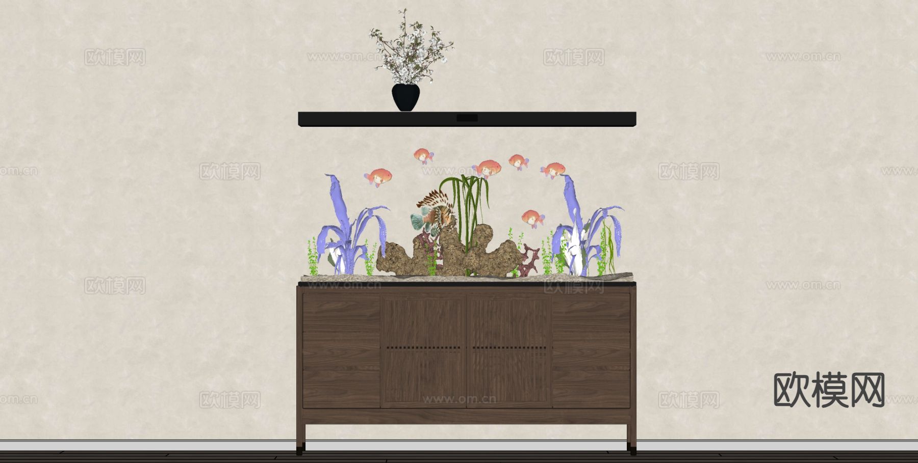 新中式水族箱 鱼缸su模型下载（渲染图1）