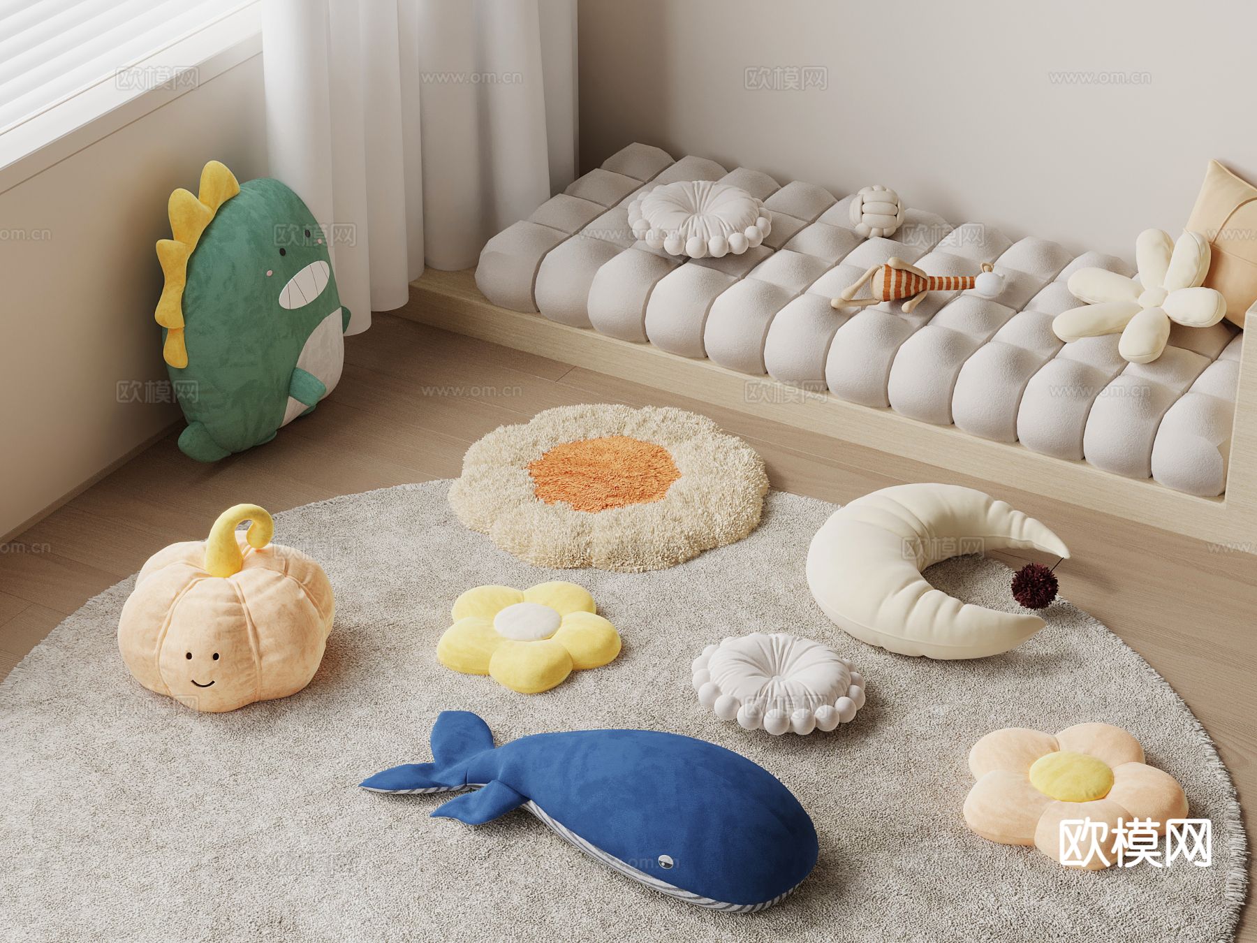 现代飘窗坐垫 抱枕su模型下载（渲染图2）