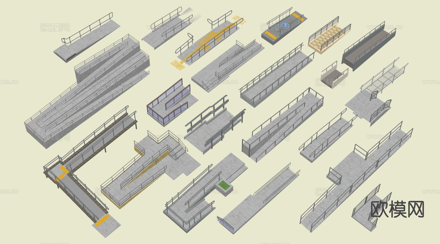 无障碍楼梯 无障碍斜坡su模型下载（渲染图1）