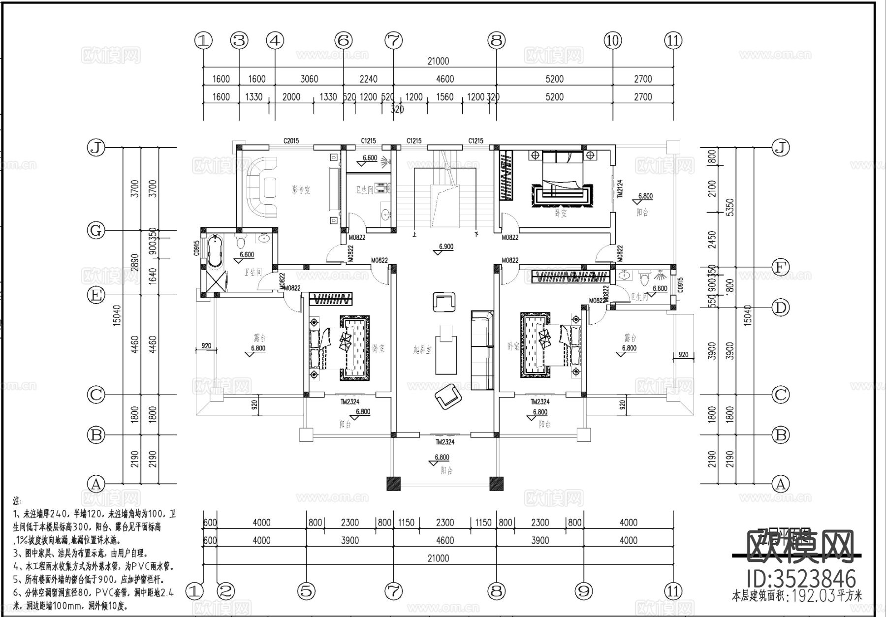 欧式三层大开间别墅cad平面图下载（渲染图3）