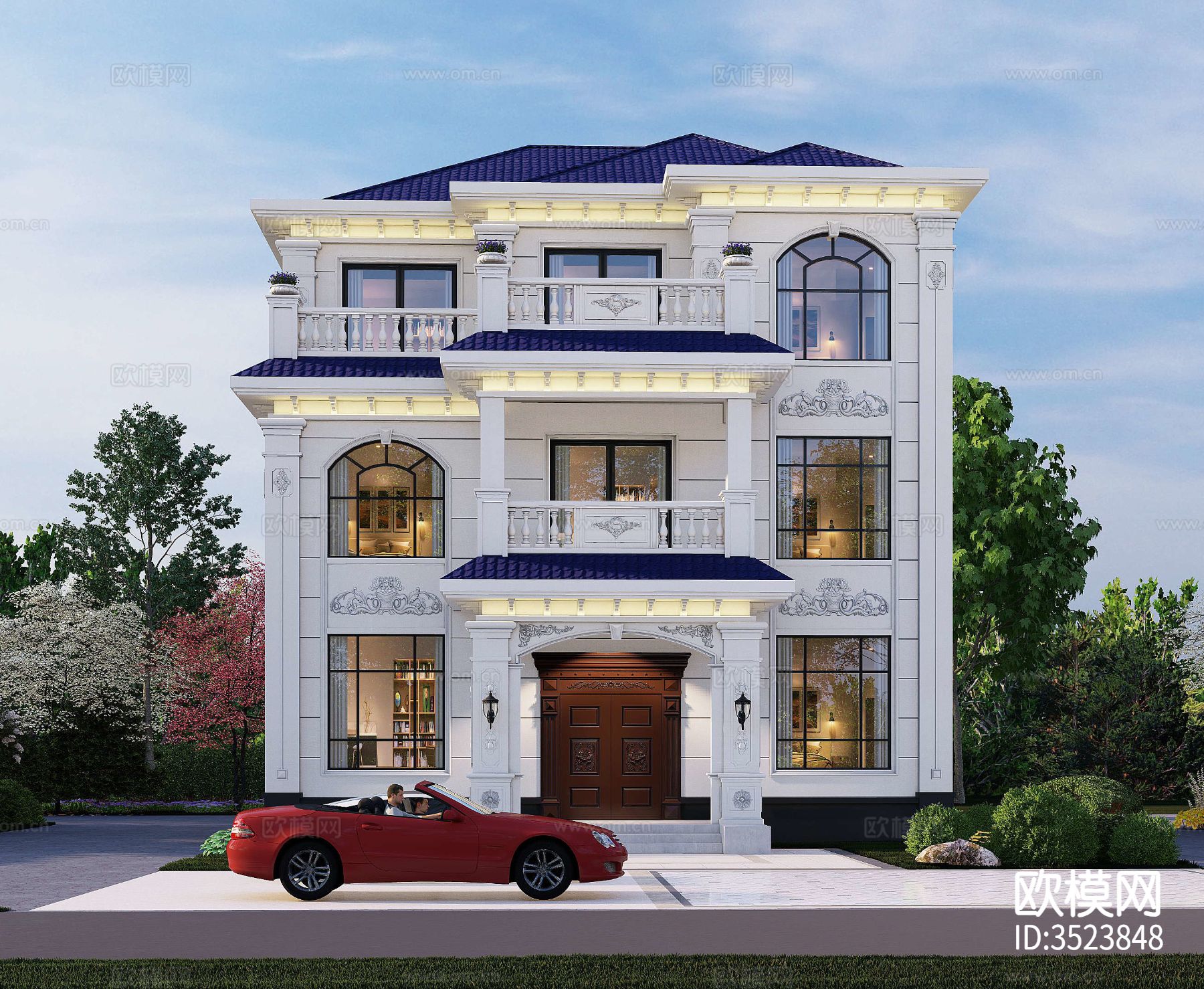 欧式三层独栋别墅建筑cad平面图下载（渲染图2）