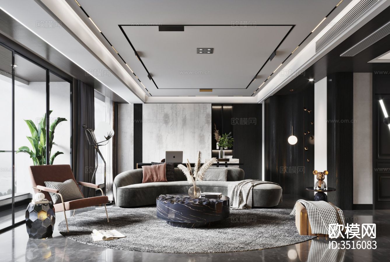 现代平层客餐厅装修效果图下载（渲染图1）