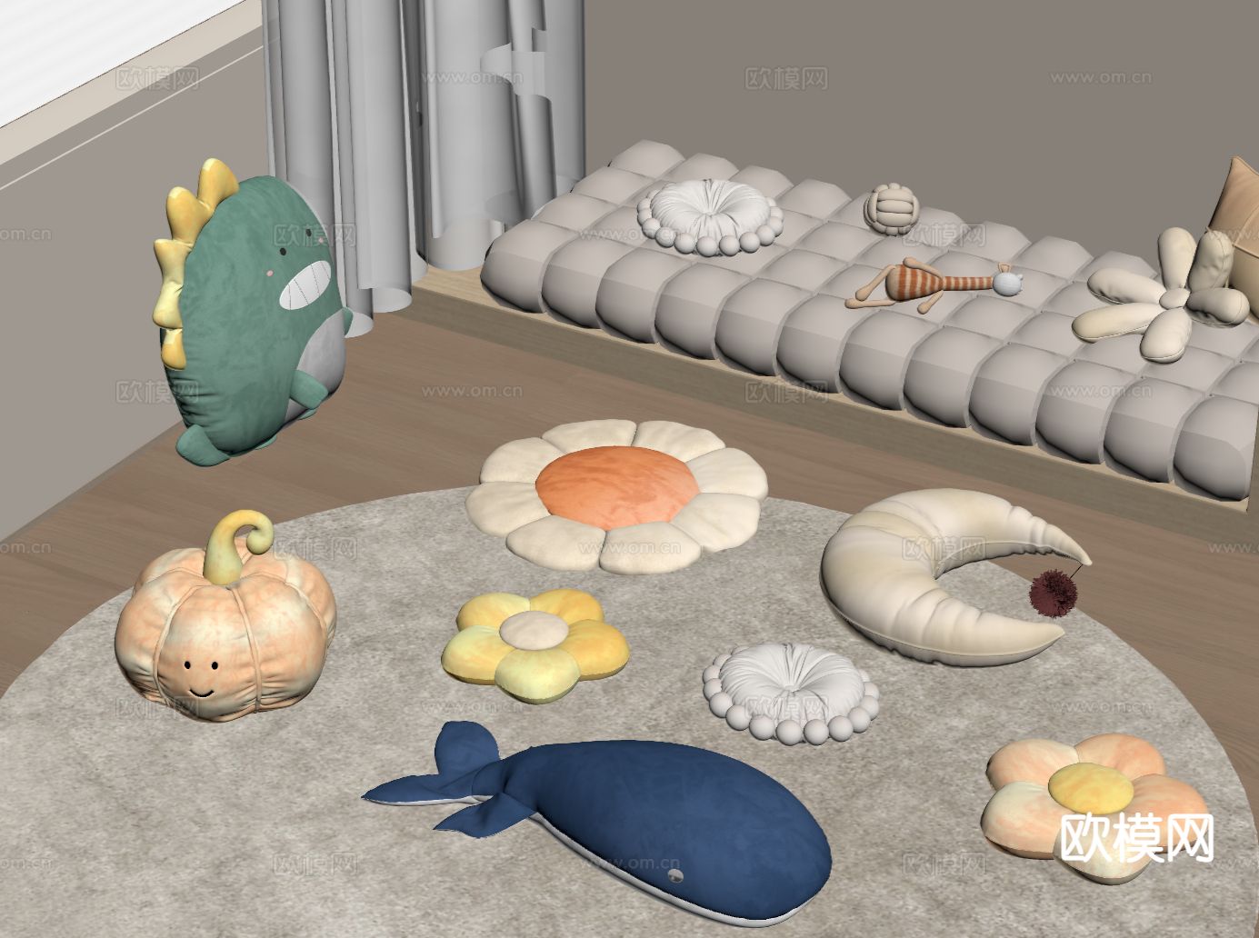 现代飘窗坐垫 抱枕su模型下载（渲染图1）