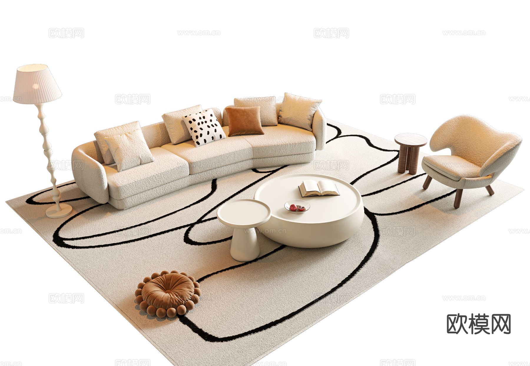 奶油风组合沙发su模型下载（渲染图2）