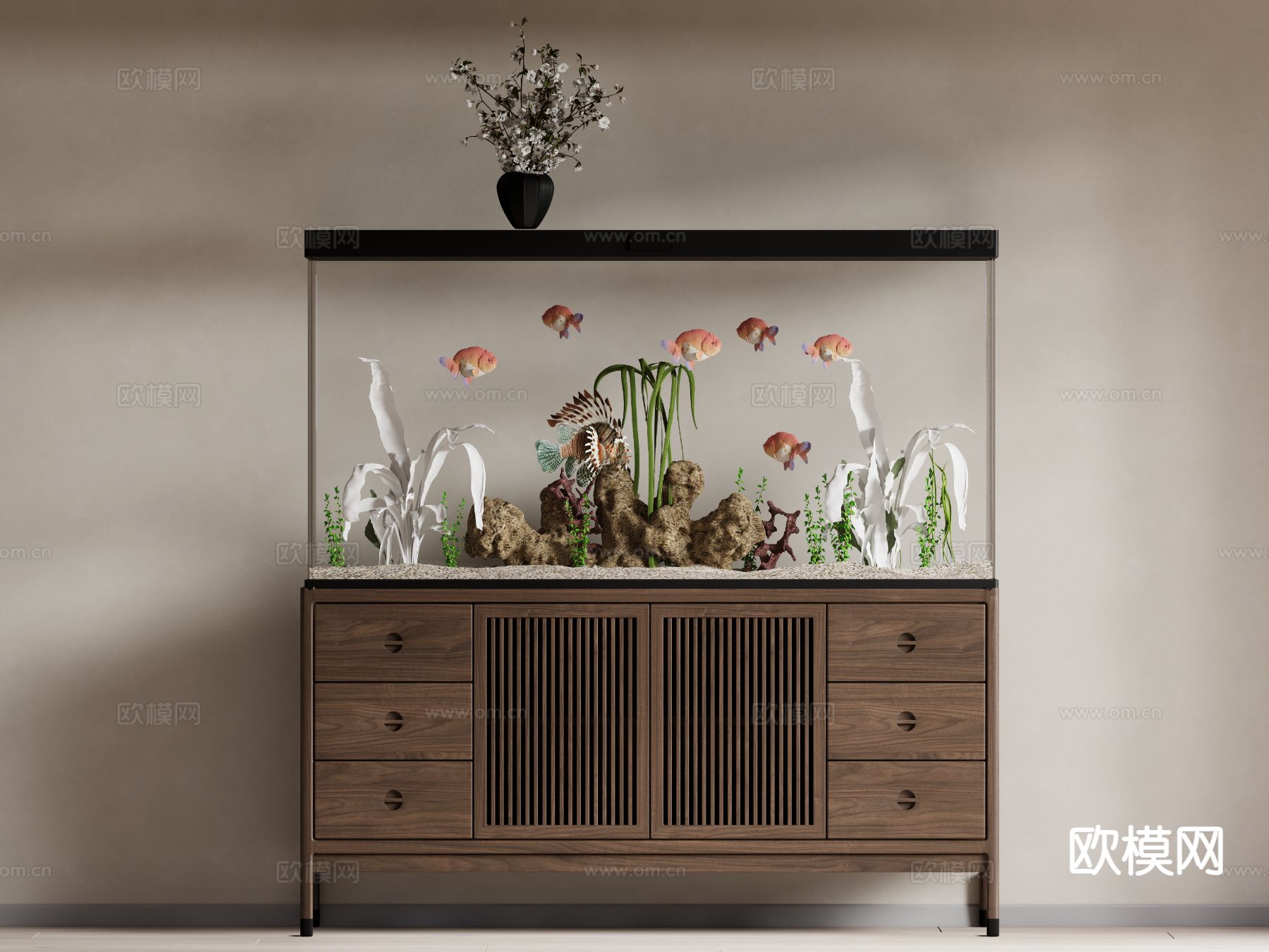 新中式水族箱 鱼缸su模型下载（渲染图2）