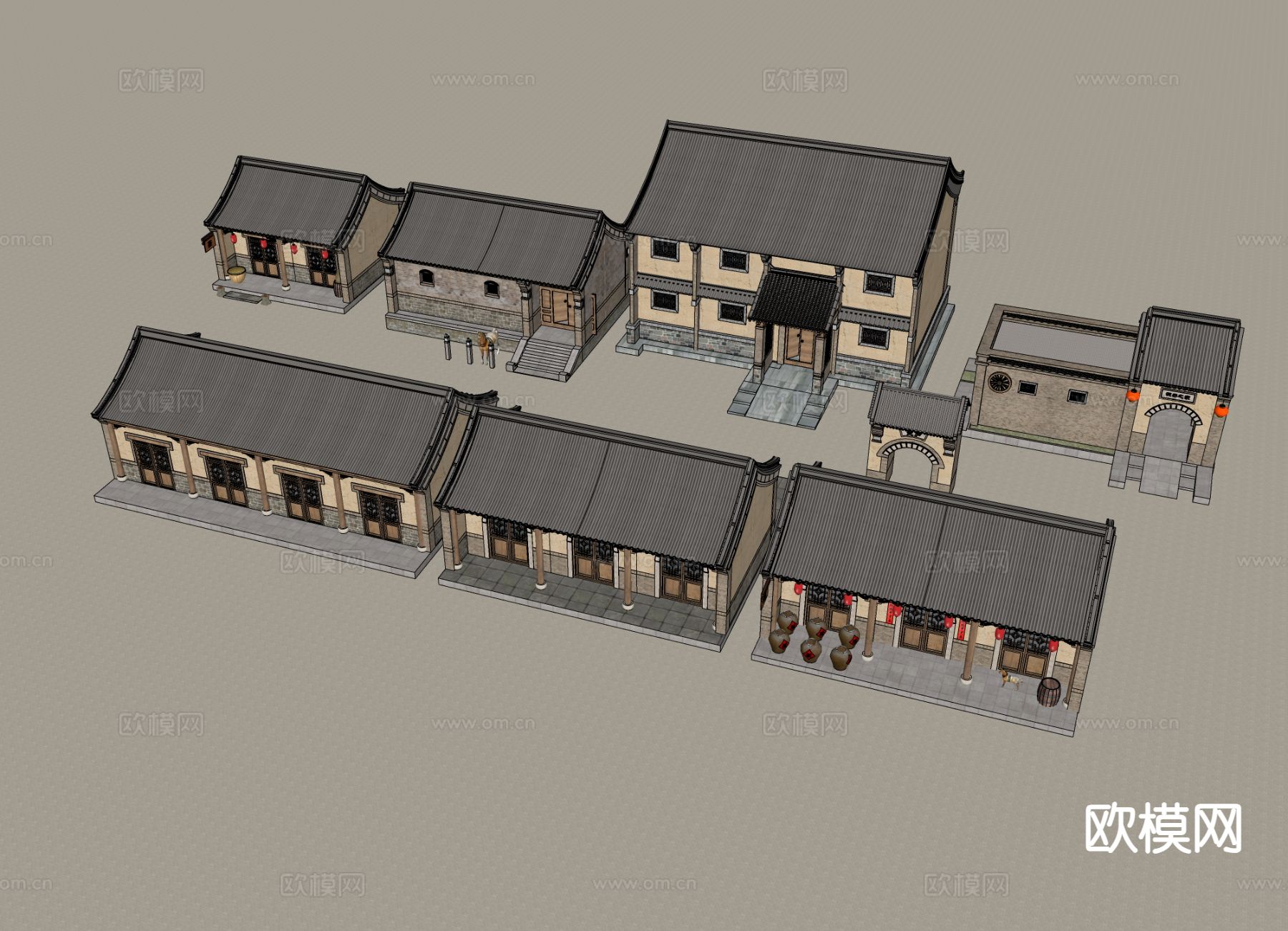 中式乡村民房 古建筑 民国建筑su模型下载（渲染图1）
