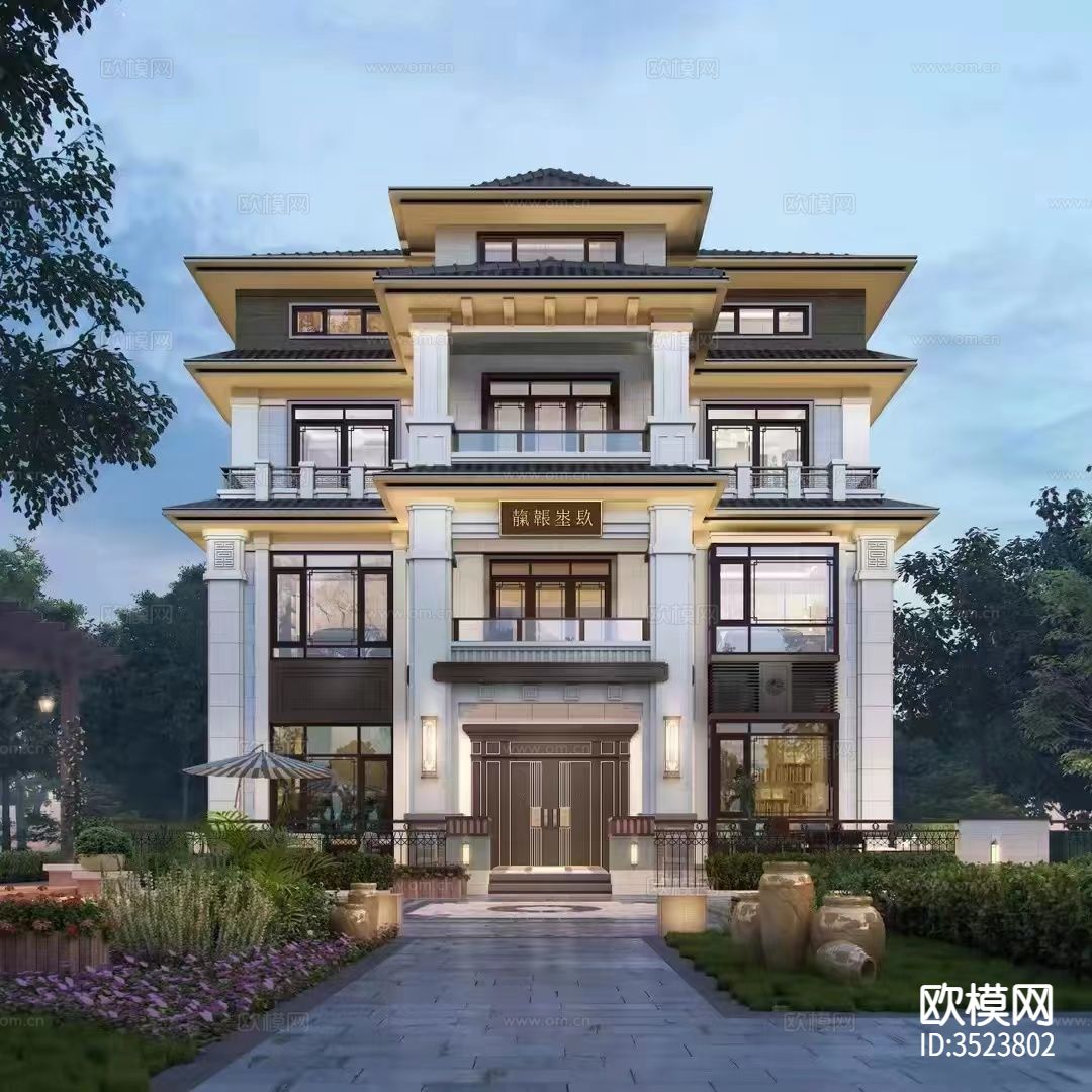 四层新中式别墅施工图效果图下载（渲染图9）