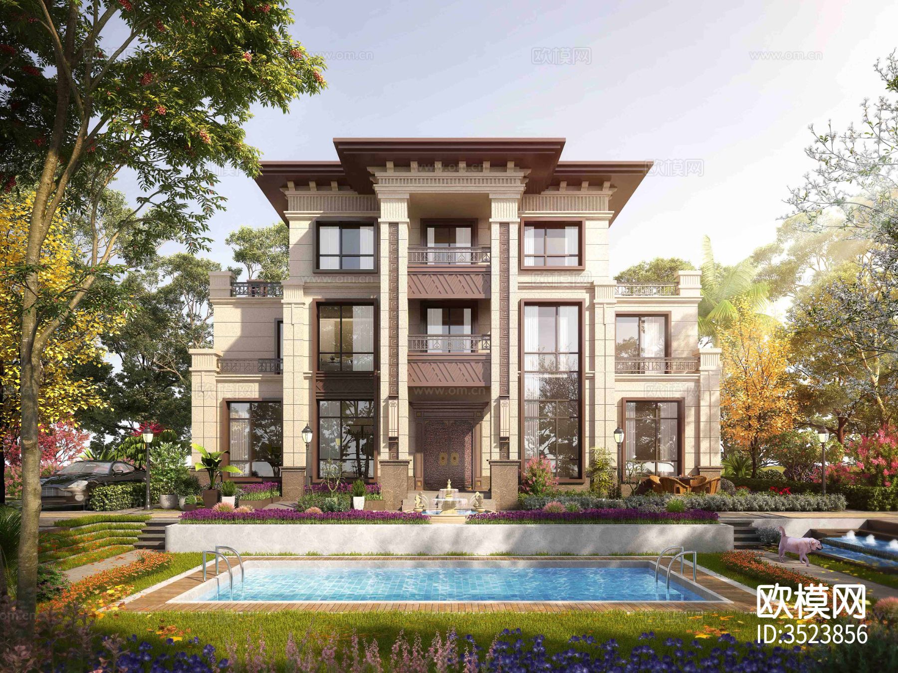 新中式三层别墅建筑施工图效果图下载（渲染图2）