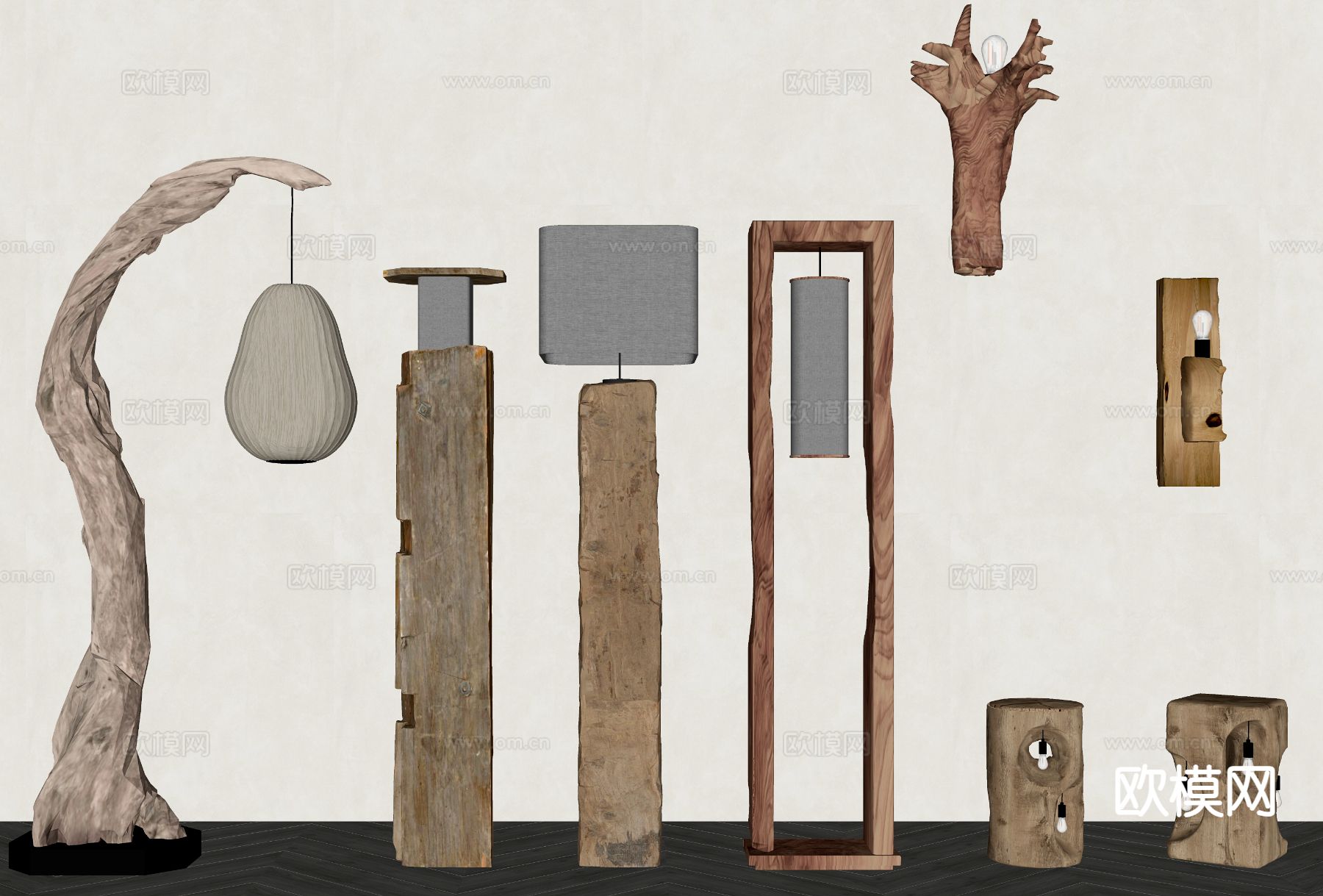 原木风壁灯 树桩落地灯su模型下载（渲染图1）