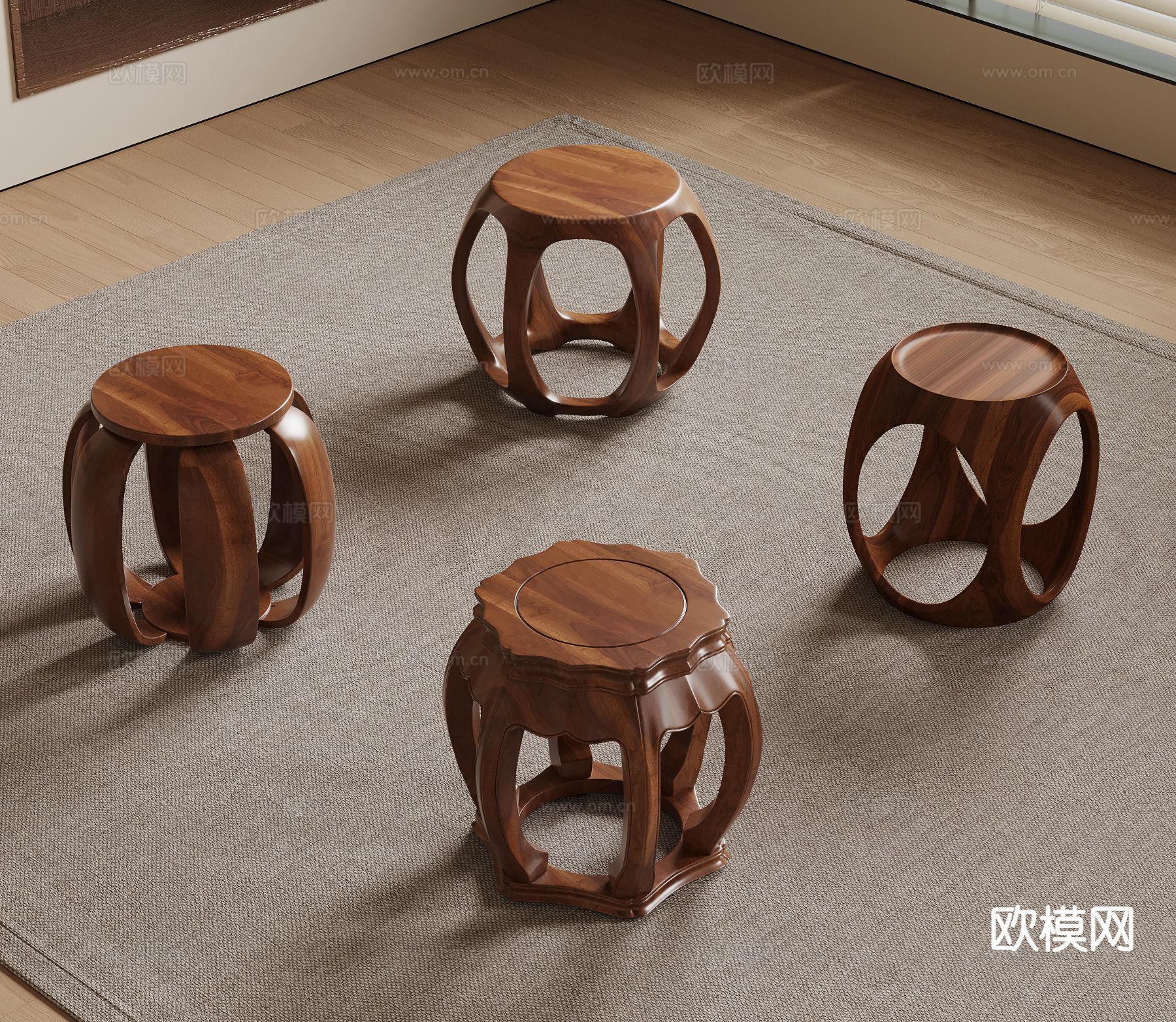 新中式板凳 圆凳su模型下载（渲染图2）