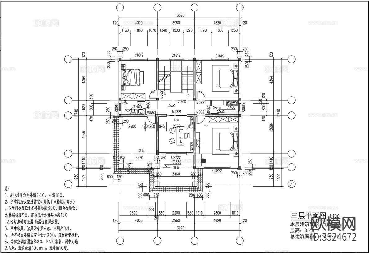 新中式三层独栋别墅建筑cad平面图下载（渲染图5）