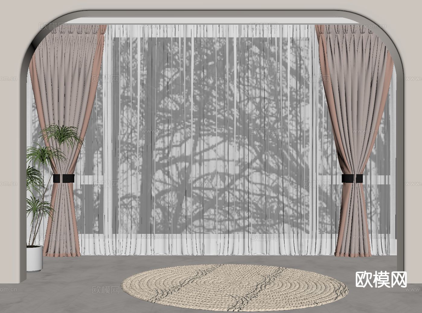 奶油风窗帘 纱帘su模型下载（渲染图1）