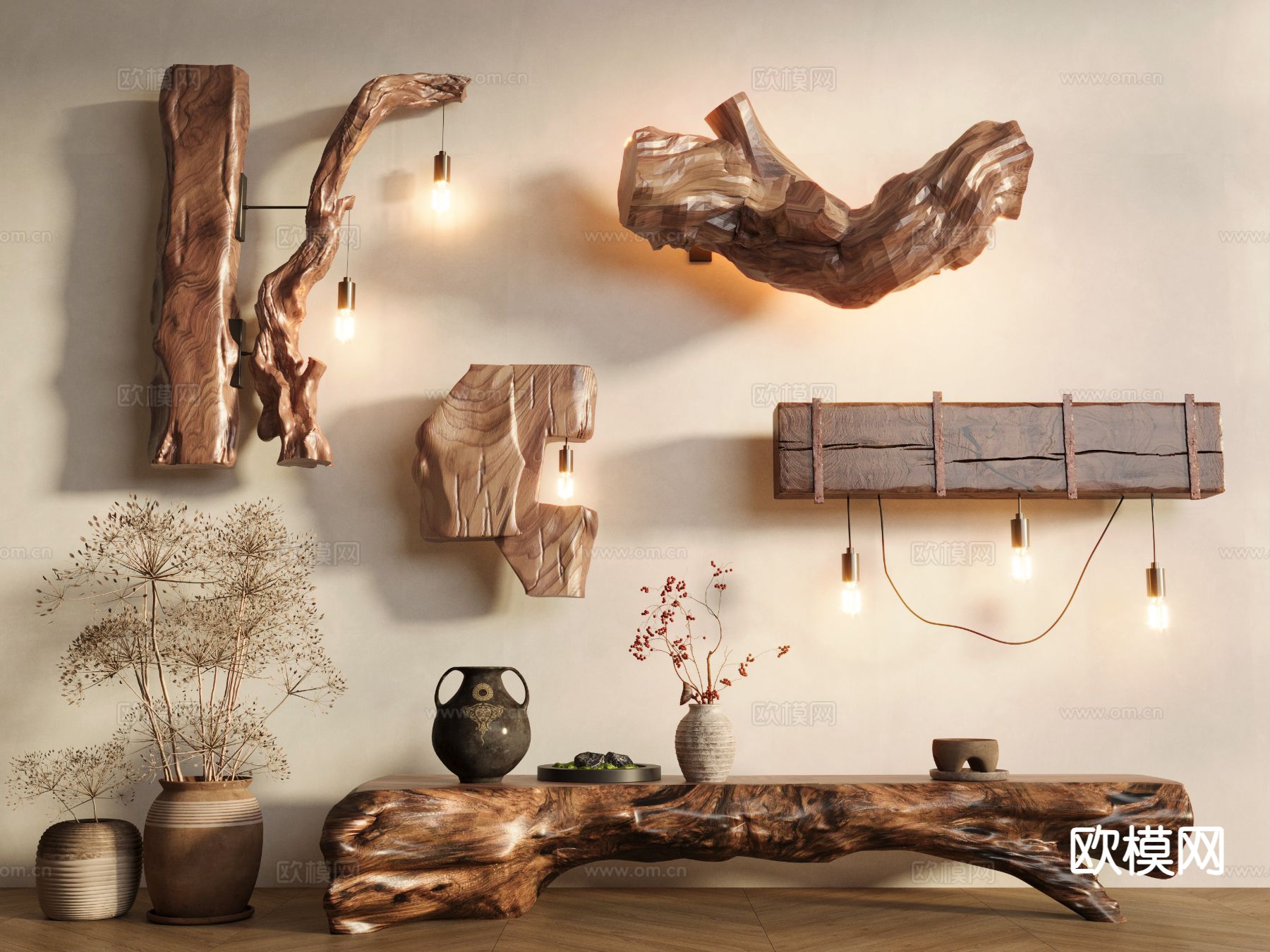 原木风壁灯 壁灯 灯泡su模型下载（渲染图2）