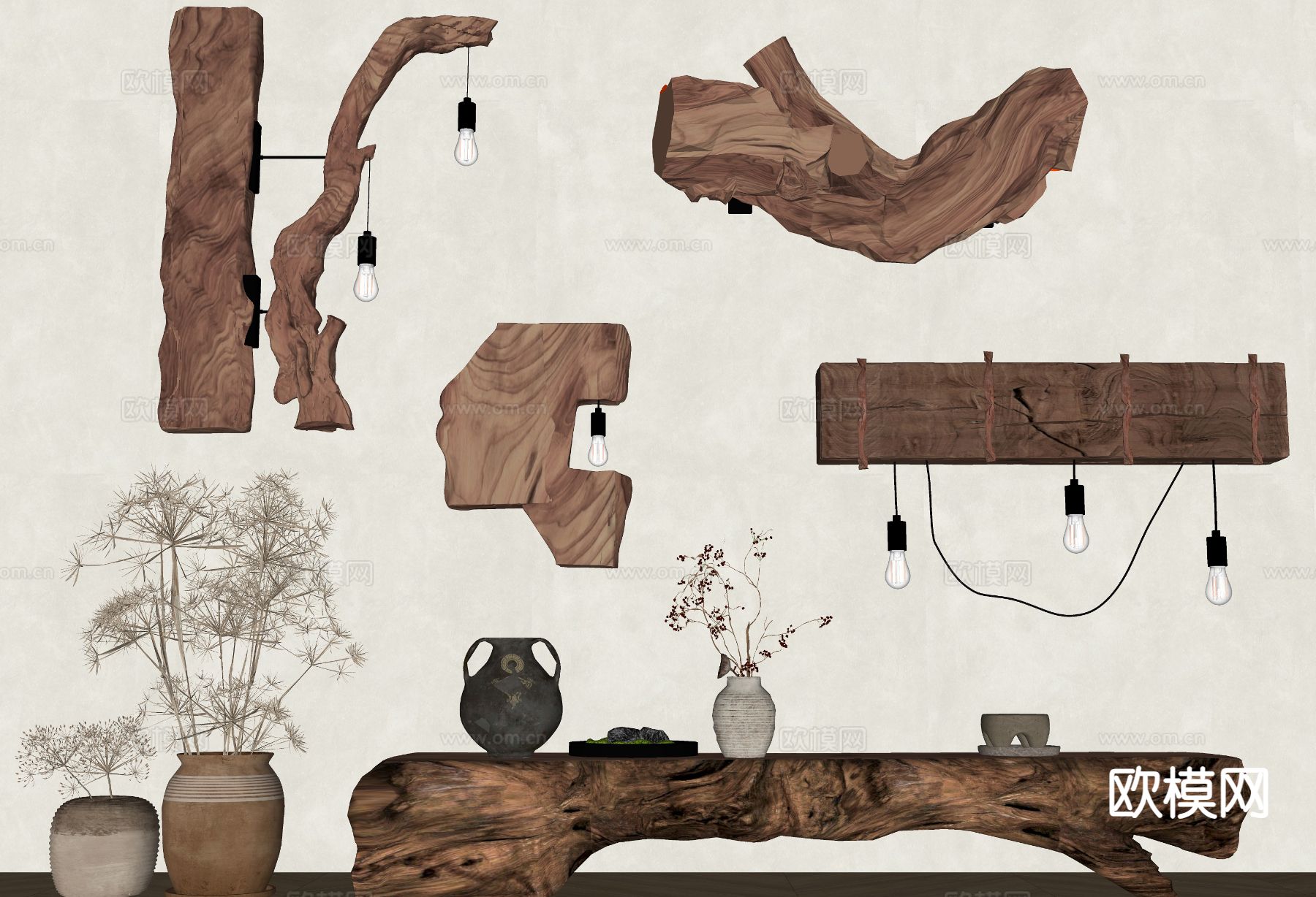 原木风壁灯 壁灯 灯泡su模型下载（渲染图1）