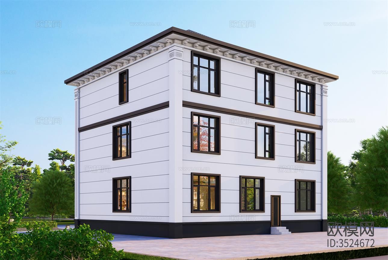 新中式三层独栋别墅建筑cad平面图下载（渲染图2）