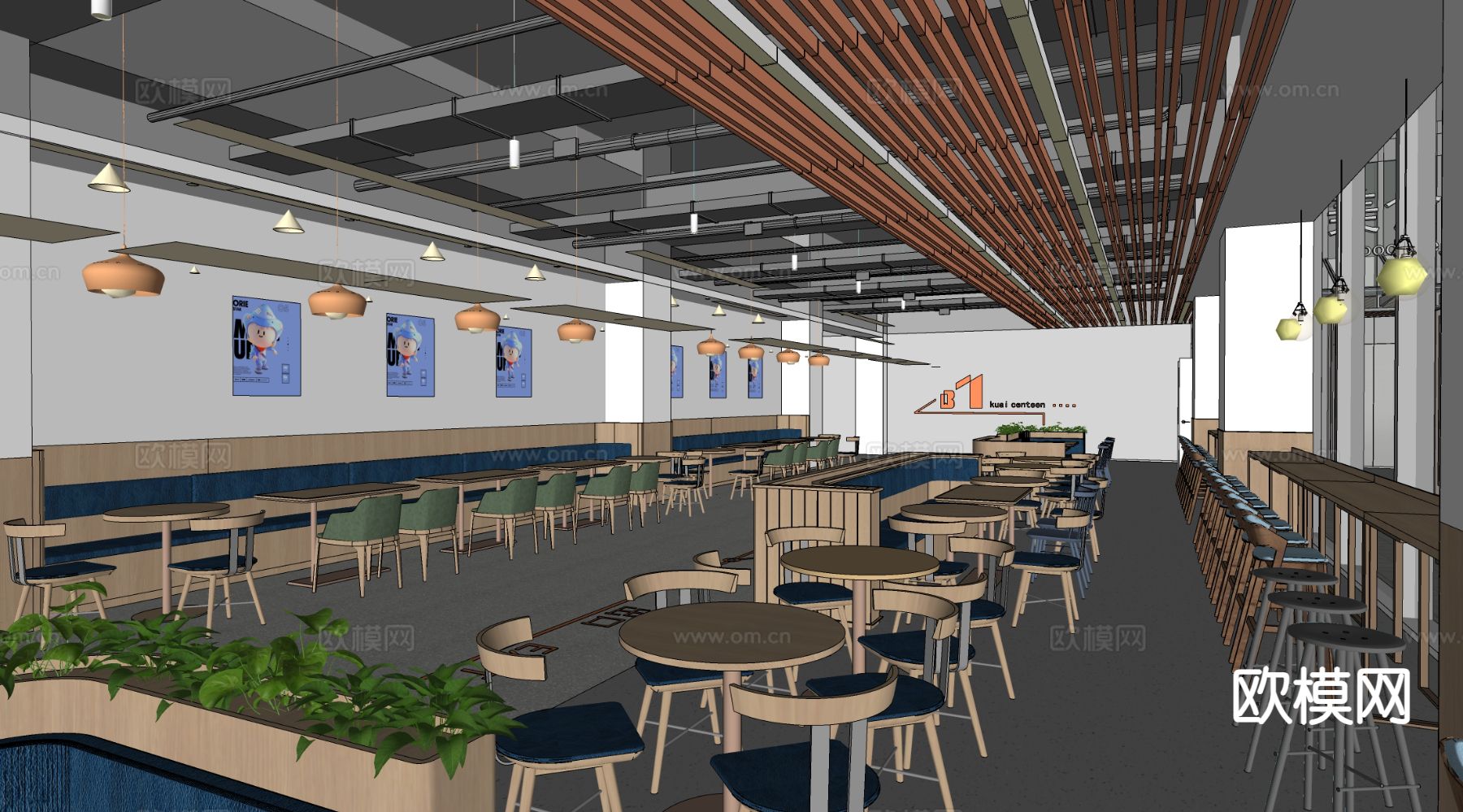 公司食堂 员工食堂su模型下载（渲染图1）