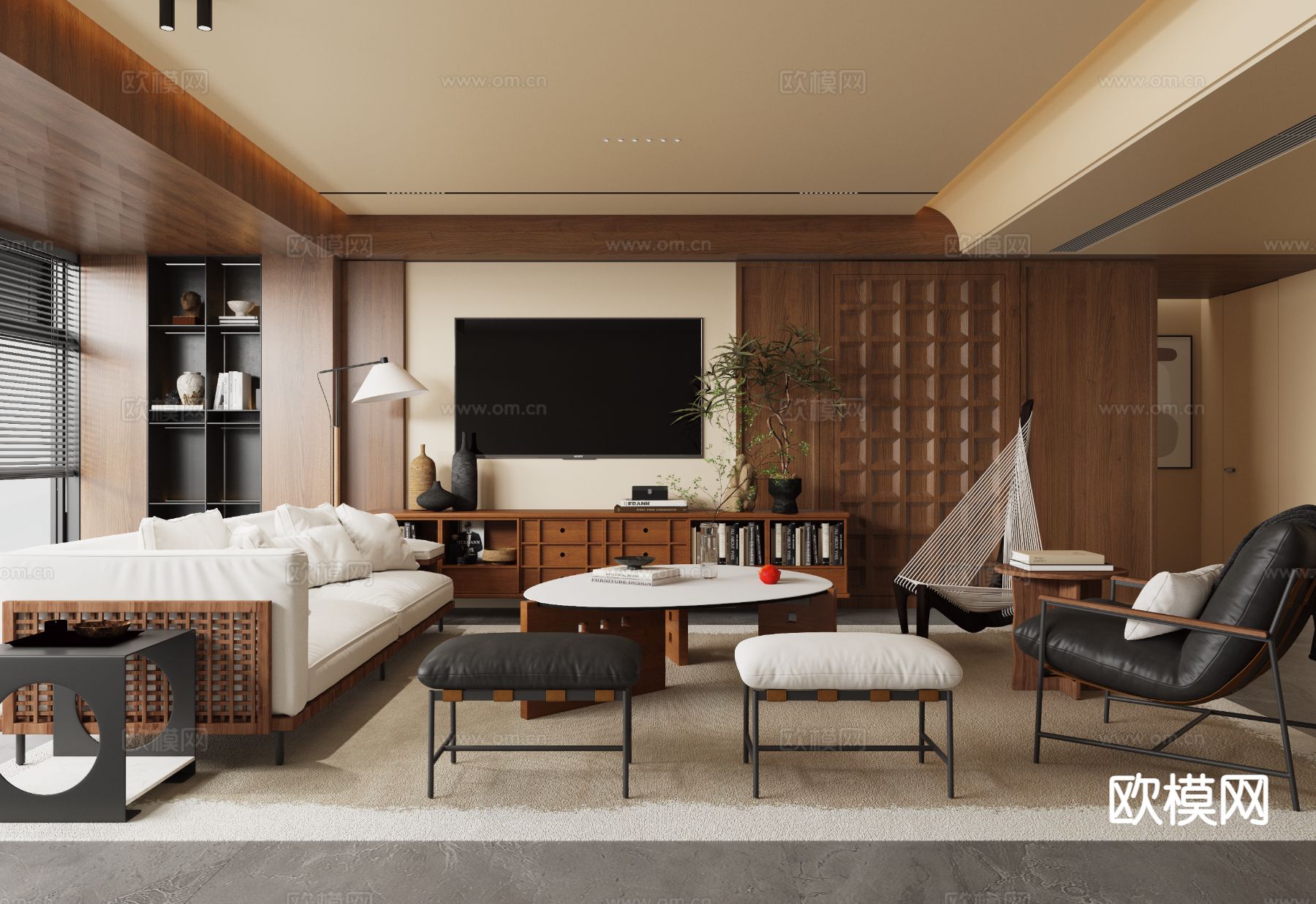 原木风客厅su模型下载（渲染图2）