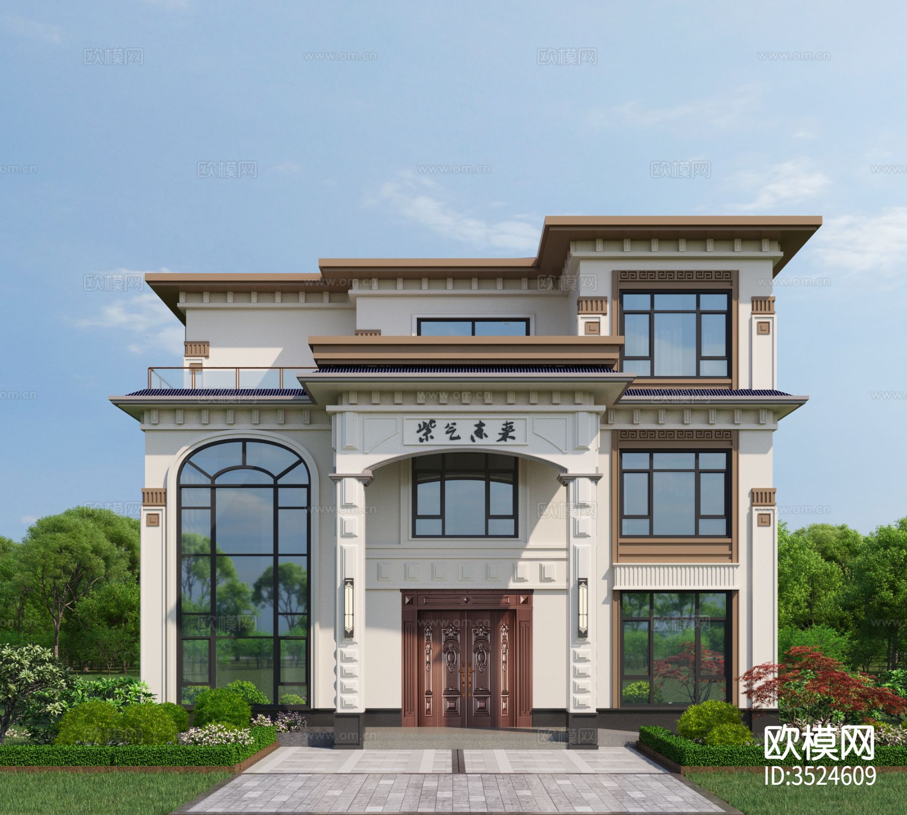 三层新中式自建房建筑施工图效果图下载（渲染图4）