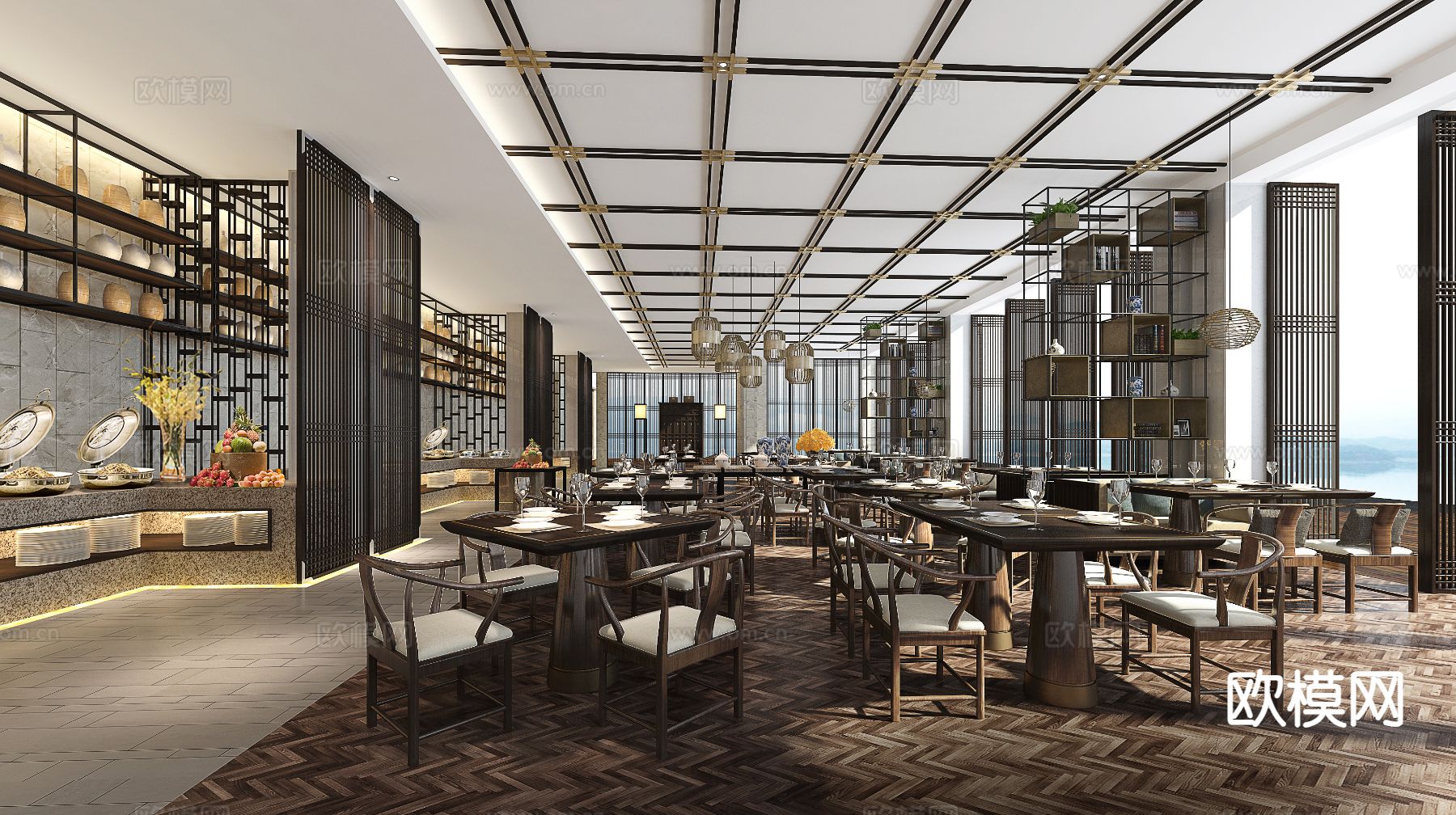 新中式自助餐厅3d模型下载