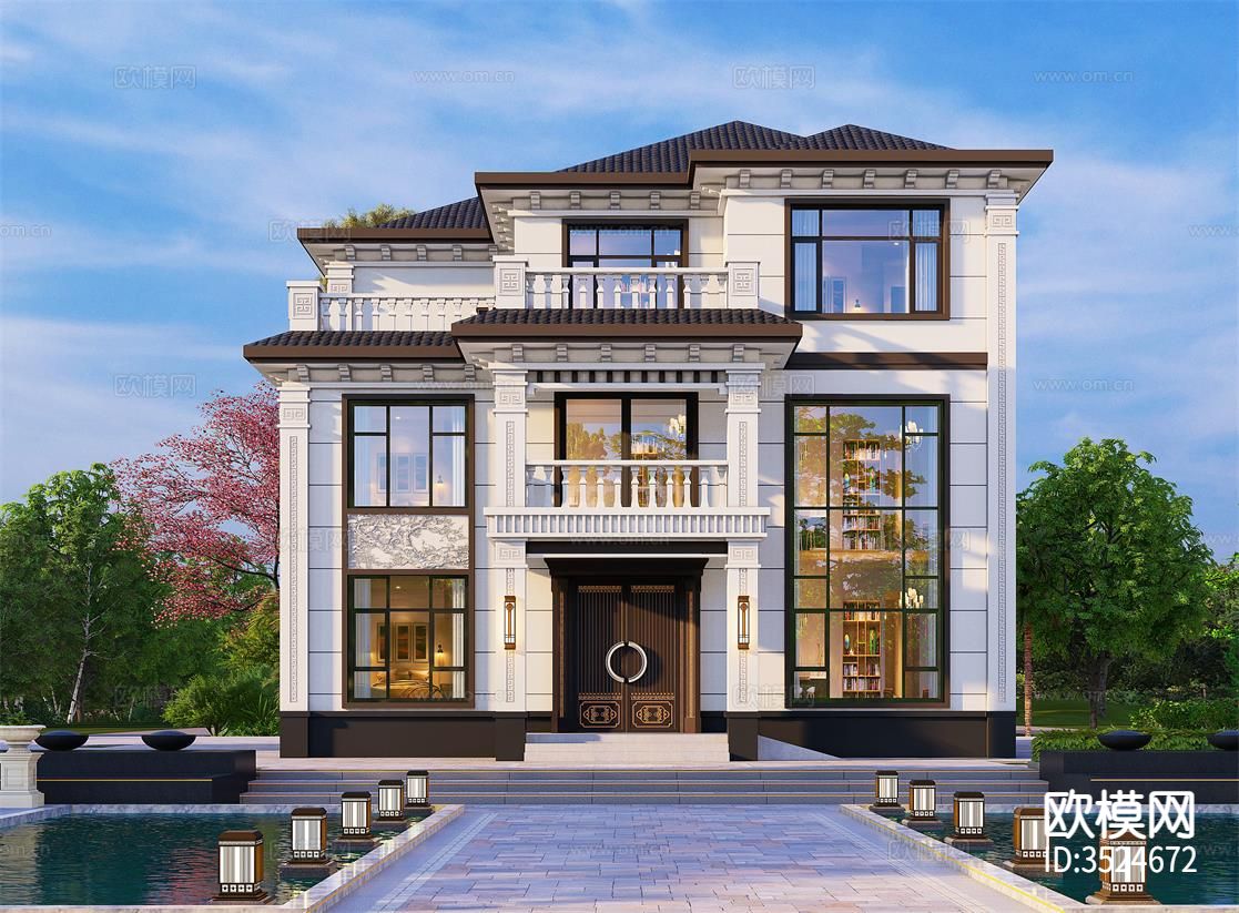 新中式三层独栋别墅建筑cad平面图下载（渲染图1）