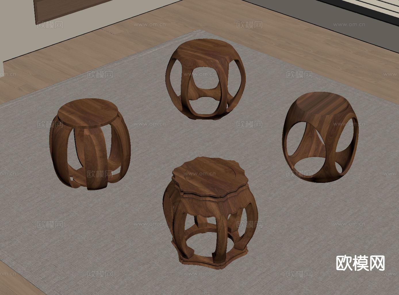 新中式板凳 圆凳su模型下载（渲染图1）