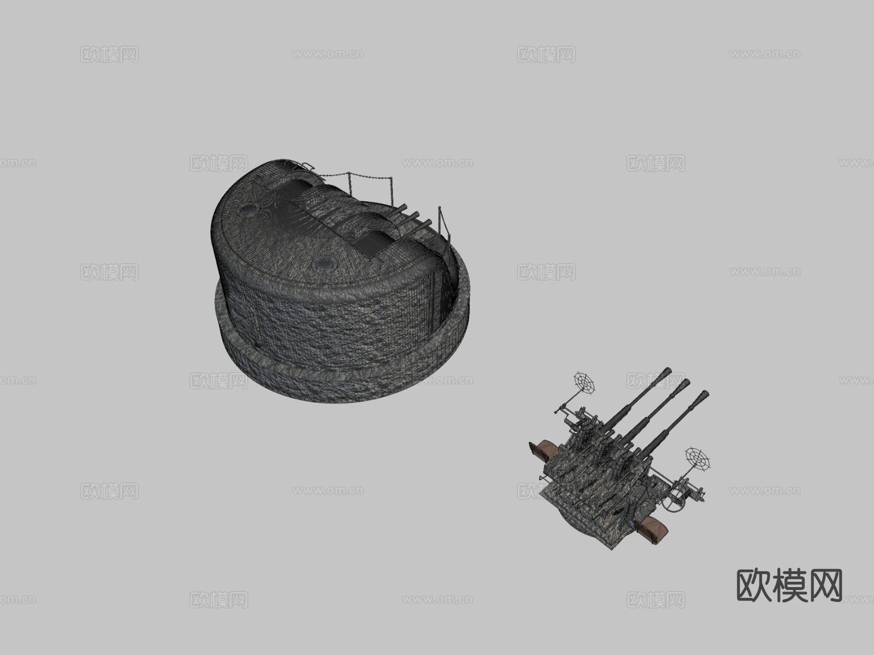 三联炮塔 军用武器3d模型