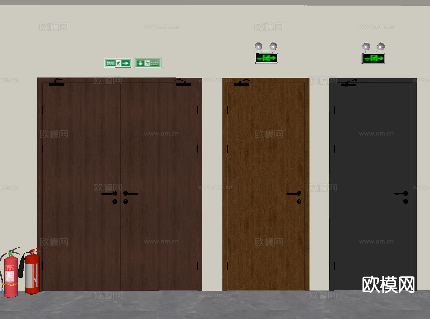 中古风消防门 防火门 消防器材 应急灯su模型下载（渲染图1）