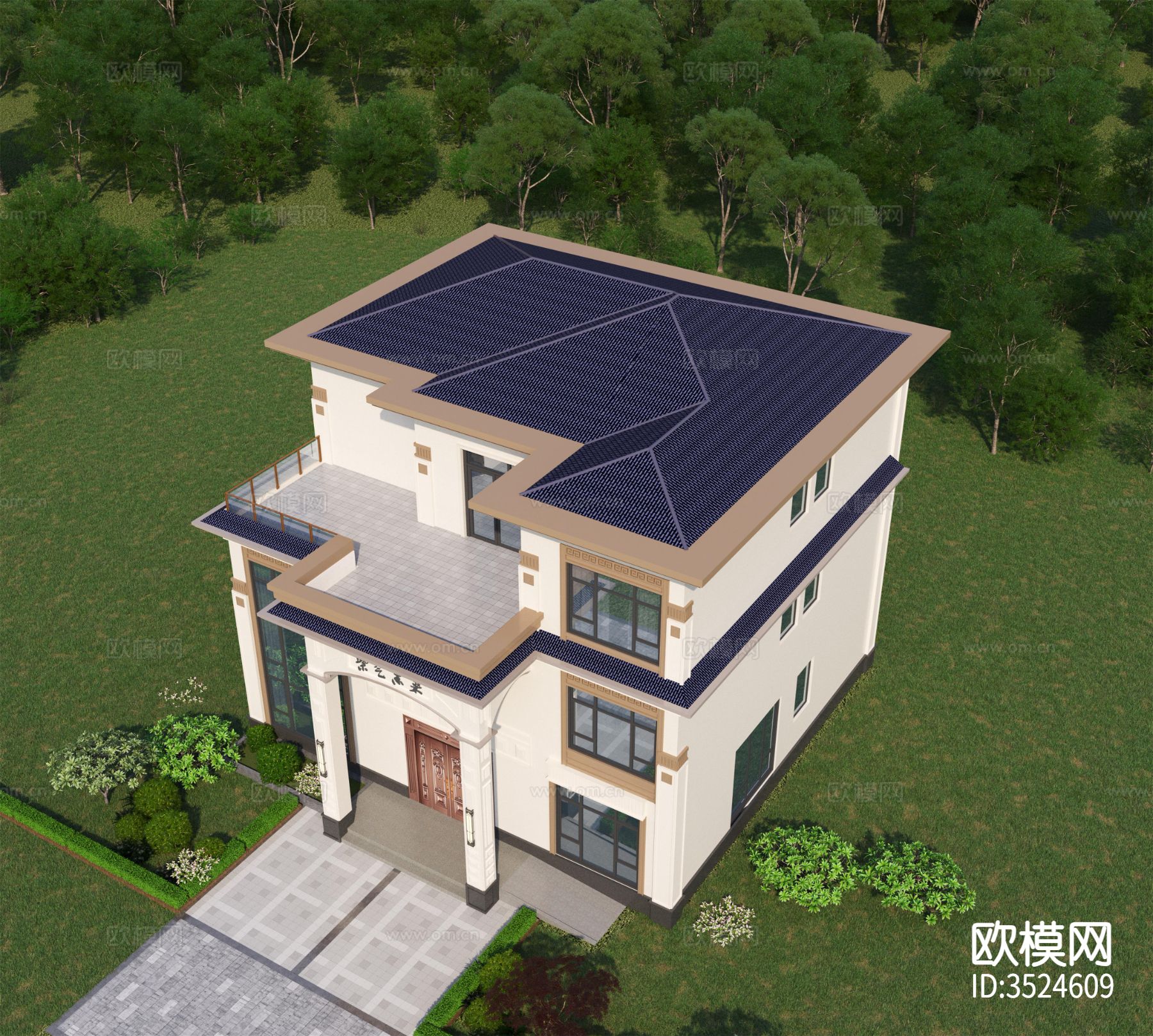 三层新中式自建房建筑施工图效果图下载（渲染图2）