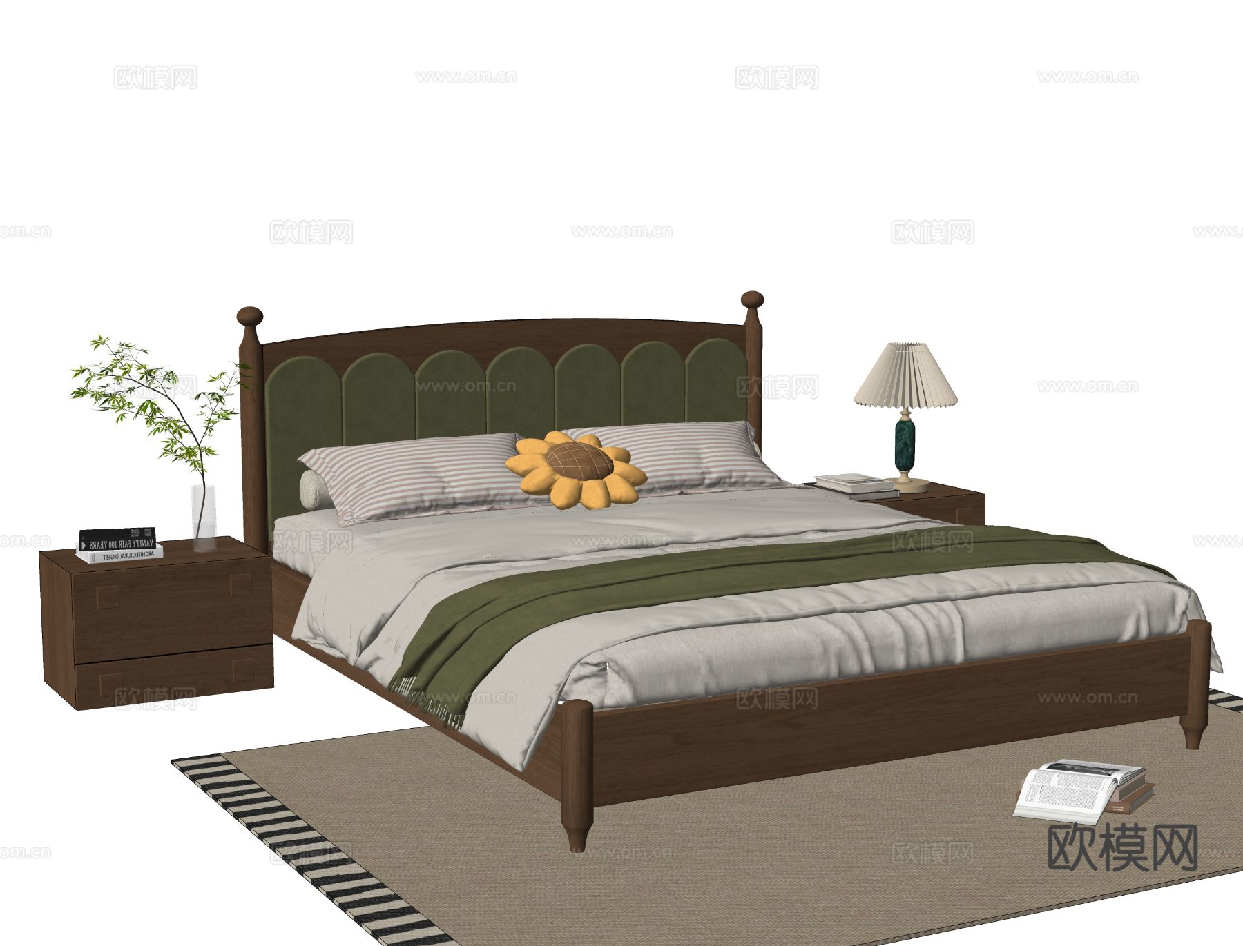 中古风双人床su模型下载（渲染图1）
