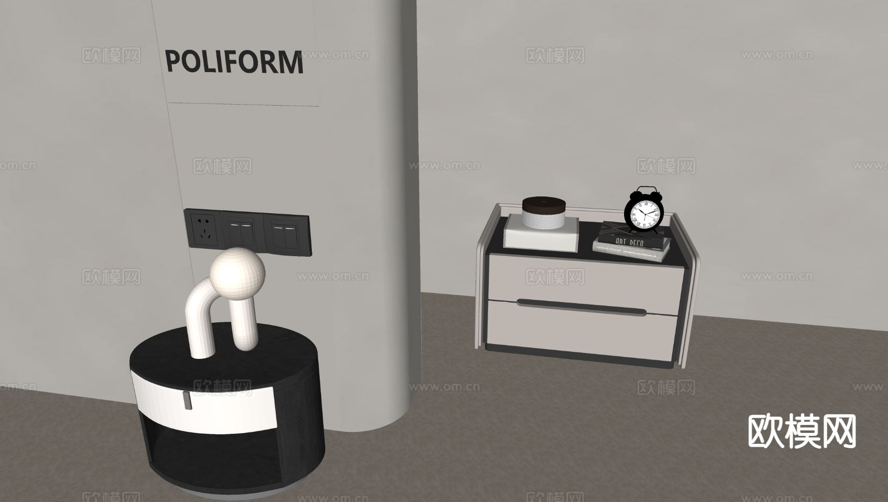 奶油风床头柜su模型下载（渲染图1）