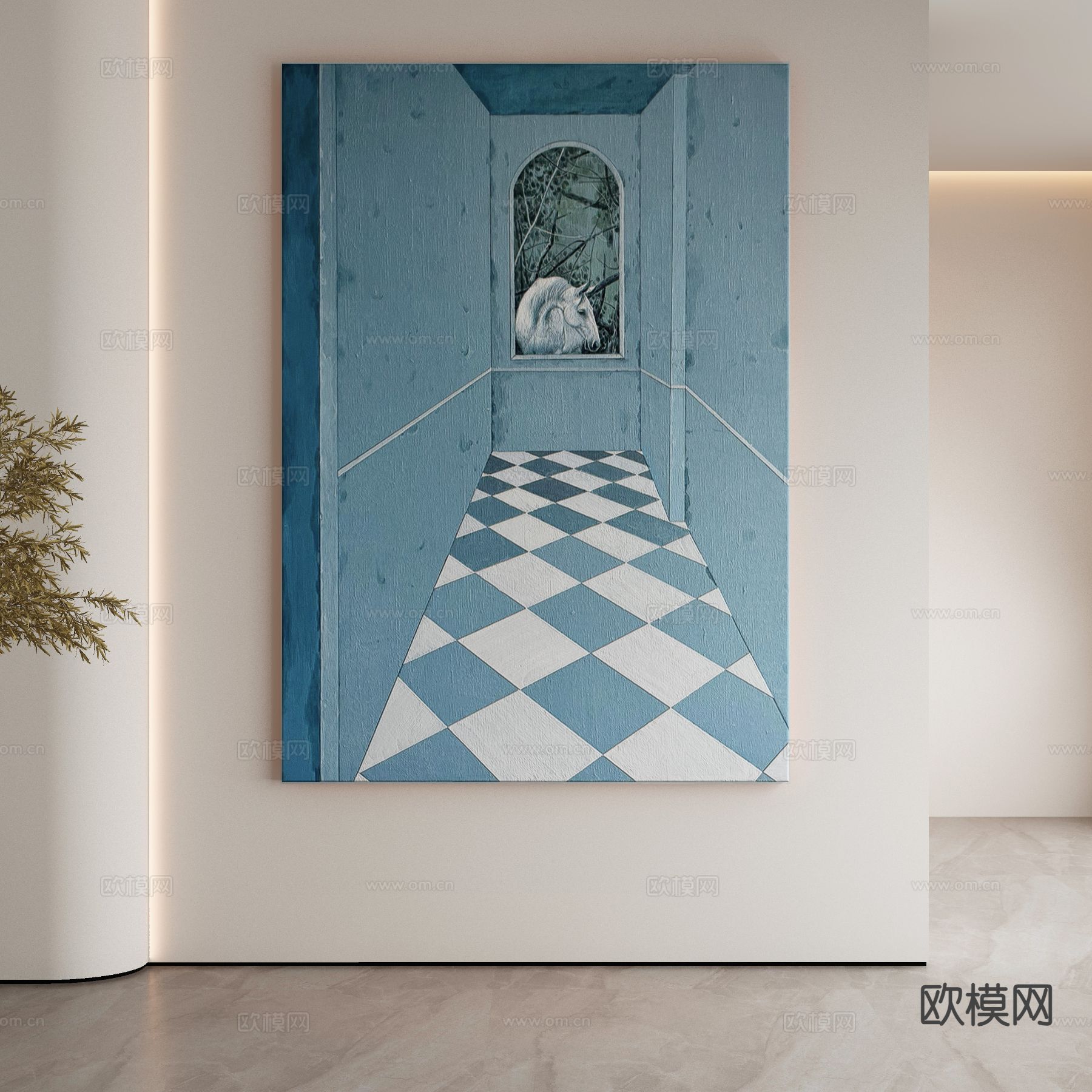 现代装饰画 蓝色挂画 建筑画3d模型