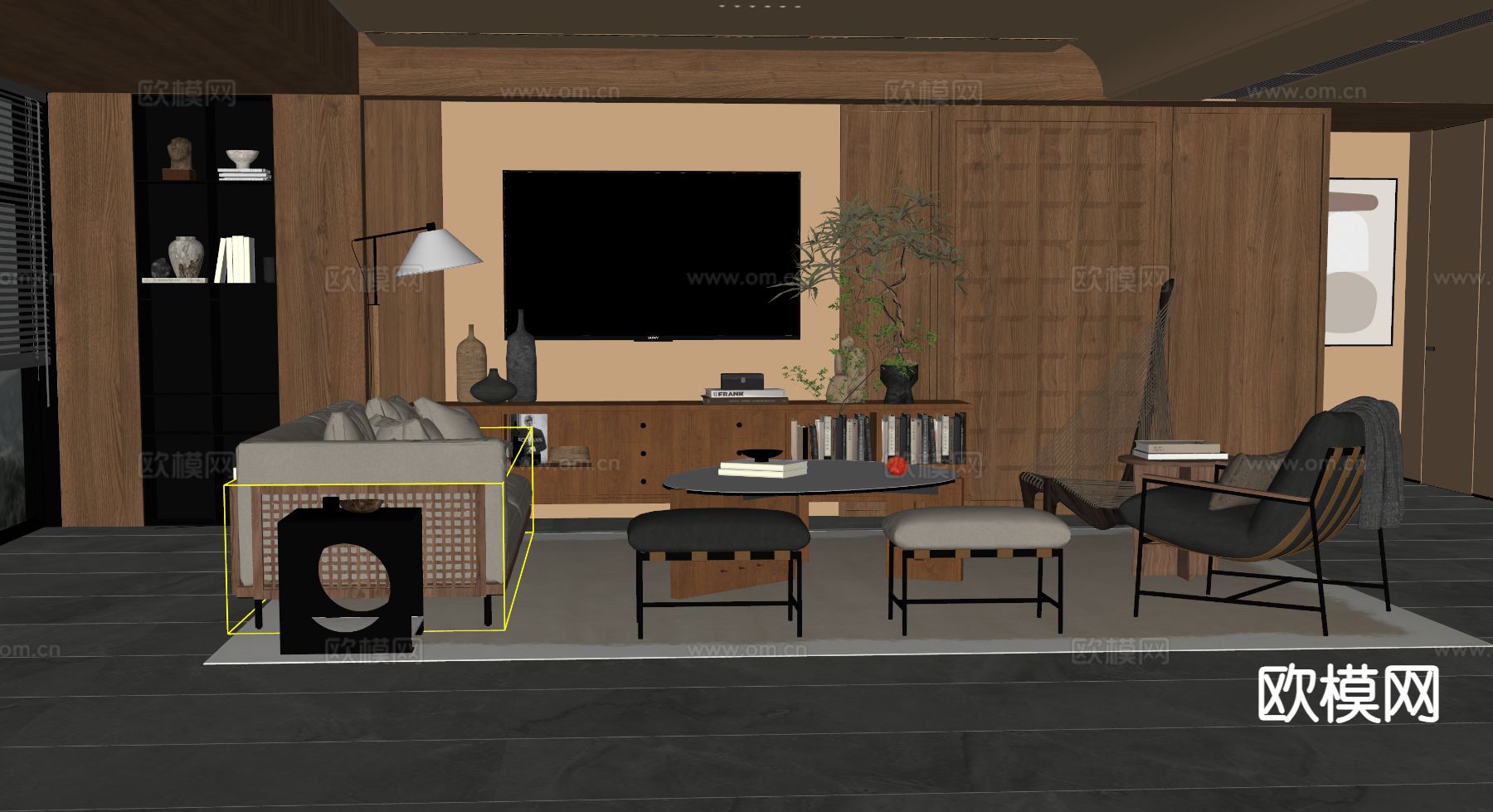 原木风客厅su模型下载（渲染图1）