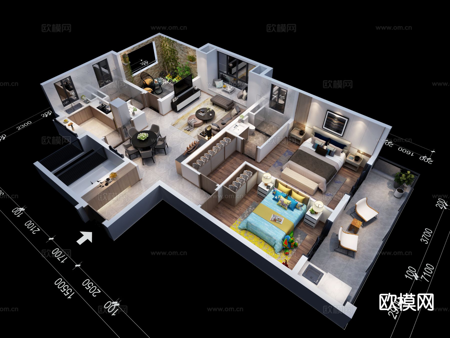 现代家装鸟瞰图 样板房轴测图3d模型下载