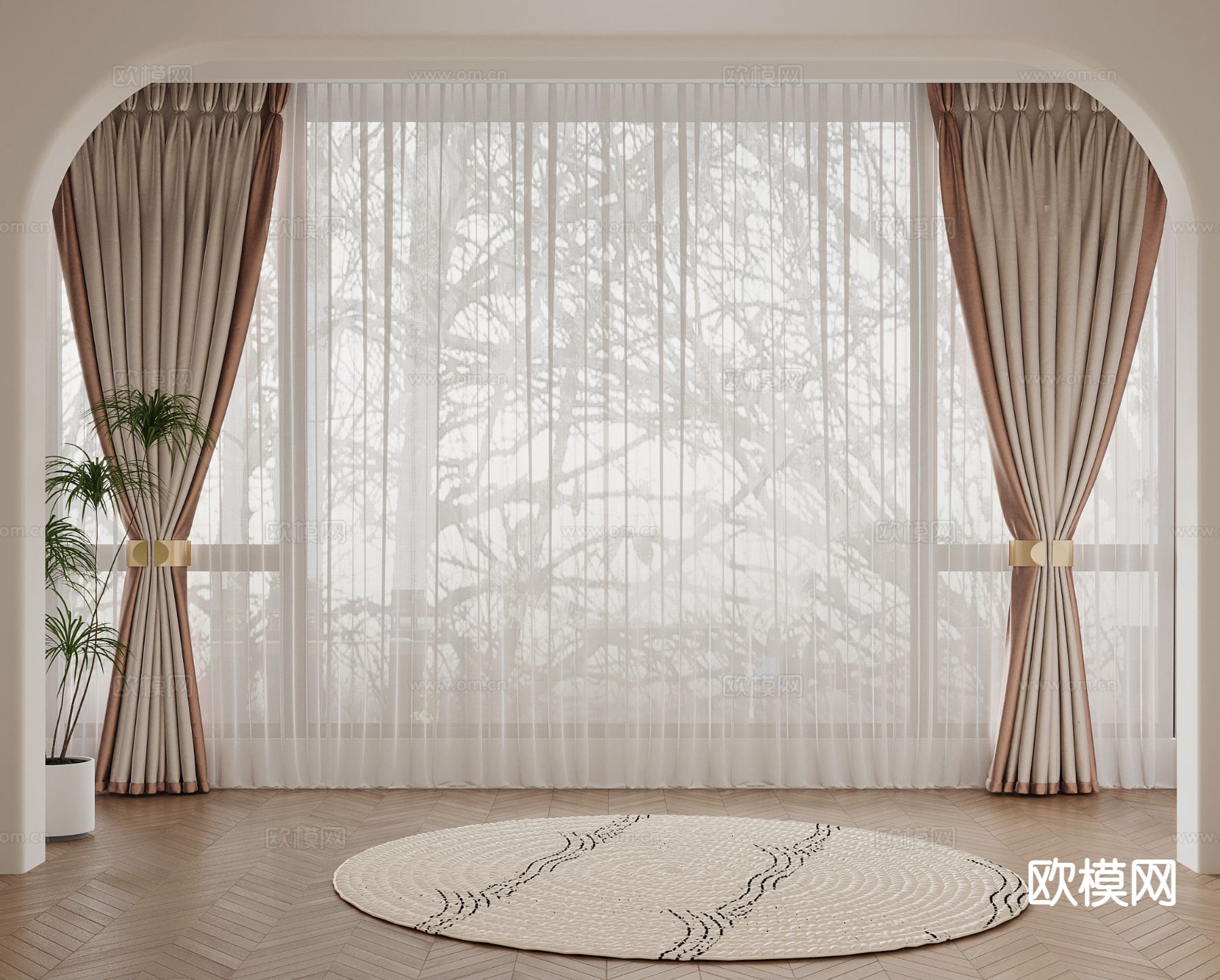 奶油风窗帘 纱帘su模型下载（渲染图2）