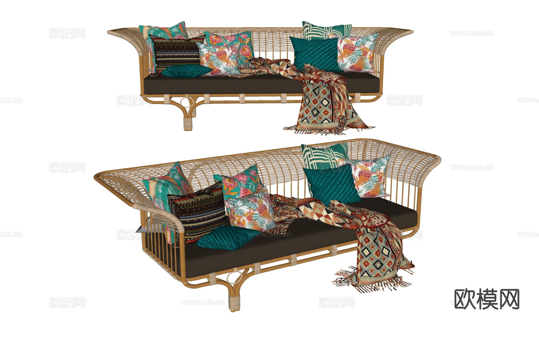 多人沙发 藤编沙发 竹编沙发su模型下载（渲染图1）