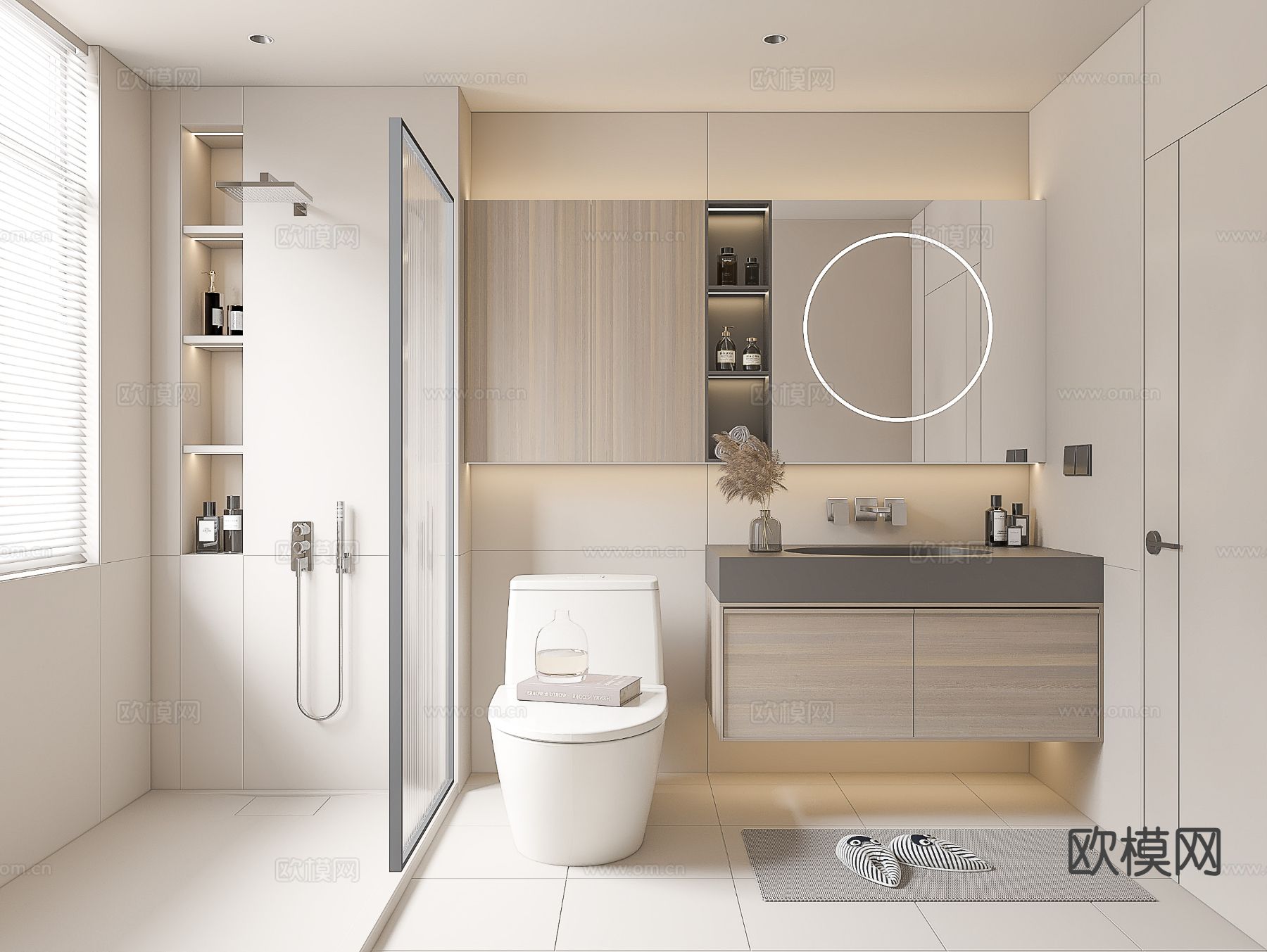 奶油风极简卫生间 浴室su模型下载（渲染图2）